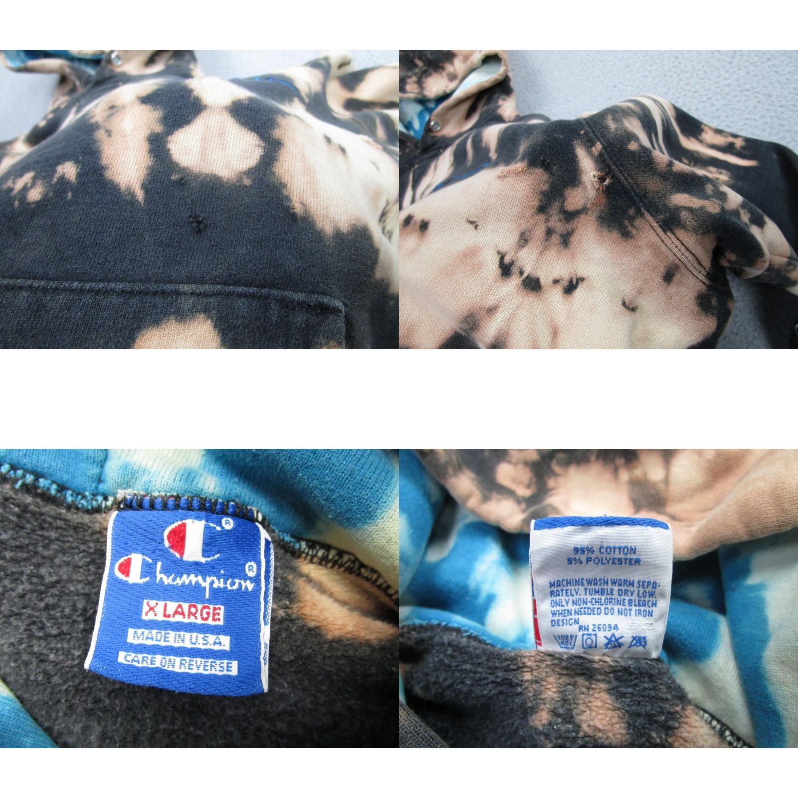 Champion Vintage Champion Hoodie XL Black Tan Bleach Tie Dye USA Made 90s Grunge Size US XL / EU 56 / 4 - 8 Thumbnail