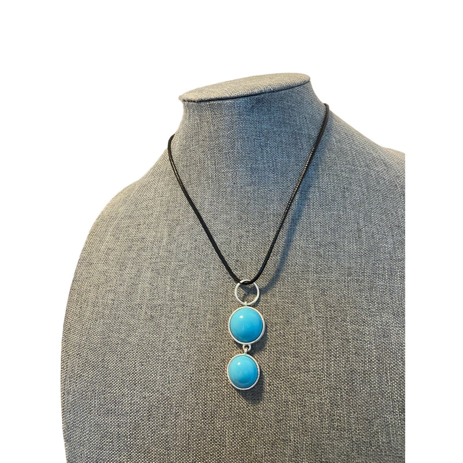 Handmade Upcycled round turquoise blue cabochon pendant necklace Size ONE SIZE - 1 Thumbnail