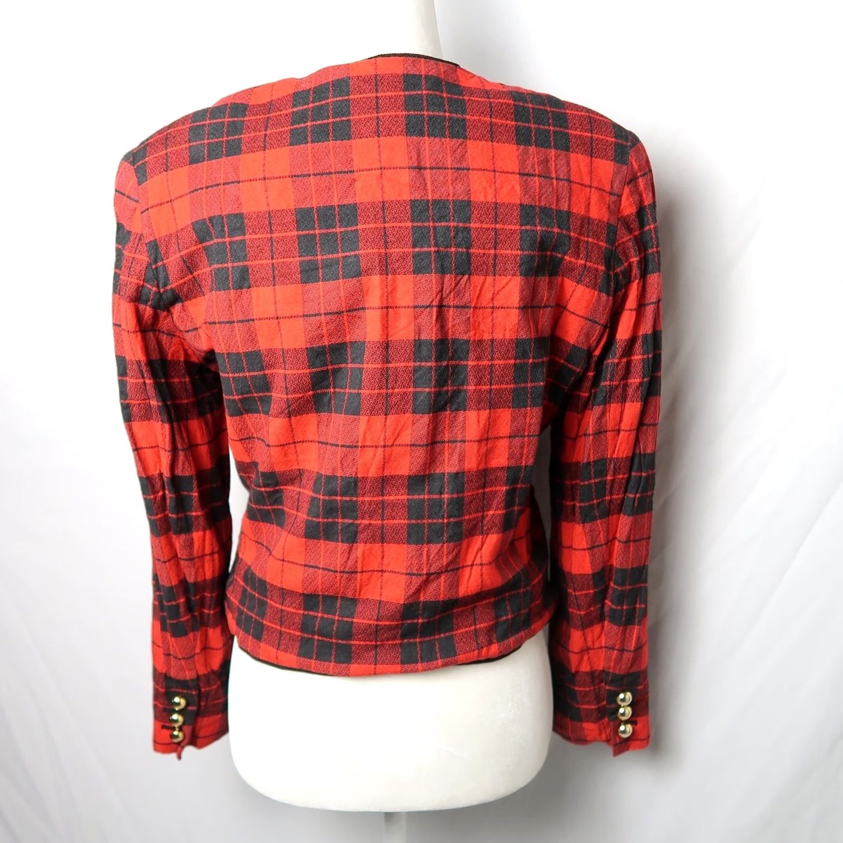 Liz Claiborne VINTAGE Liz Claiborne Blazer Jacket Shirt 90s Adults Petite 10 Red Black Plaid Cotton Blend Grunge JACKET Mens Womens Boys Girls Size L / US 10 / IT 46 - 4 Thumbnail