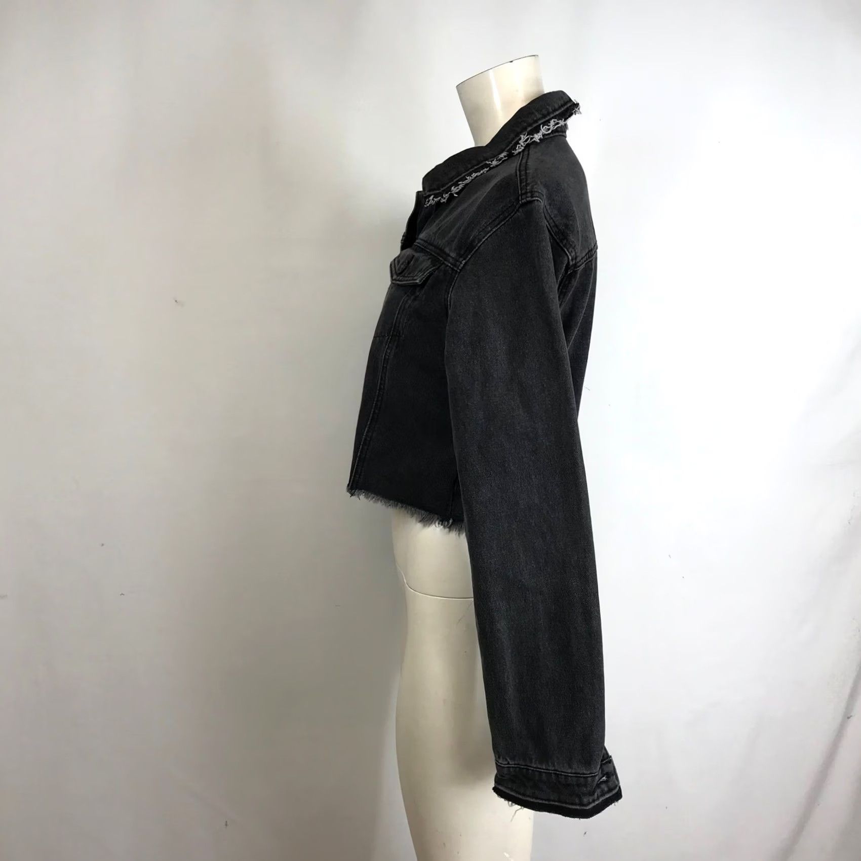Vintage Kancan Los Angeles Distressed Denim Jacket Charcoal Grey Cropped Raw Hem Evening? Size M / US 6-8 / IT 42-44 - 6 Thumbnail