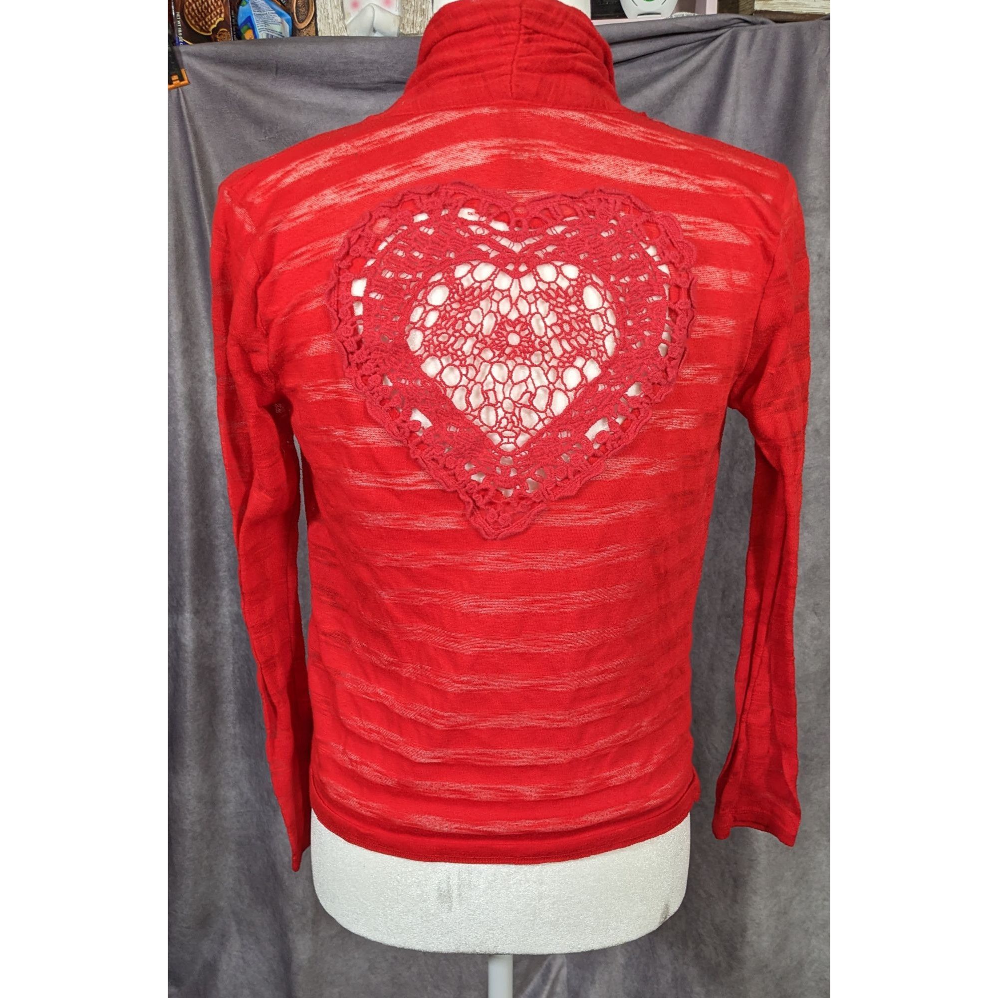 Other Y2K Coquette Crochet Heart Back Red Striped Cardigan Size M / US 6-8 / IT 42-44 - 7 Thumbnail