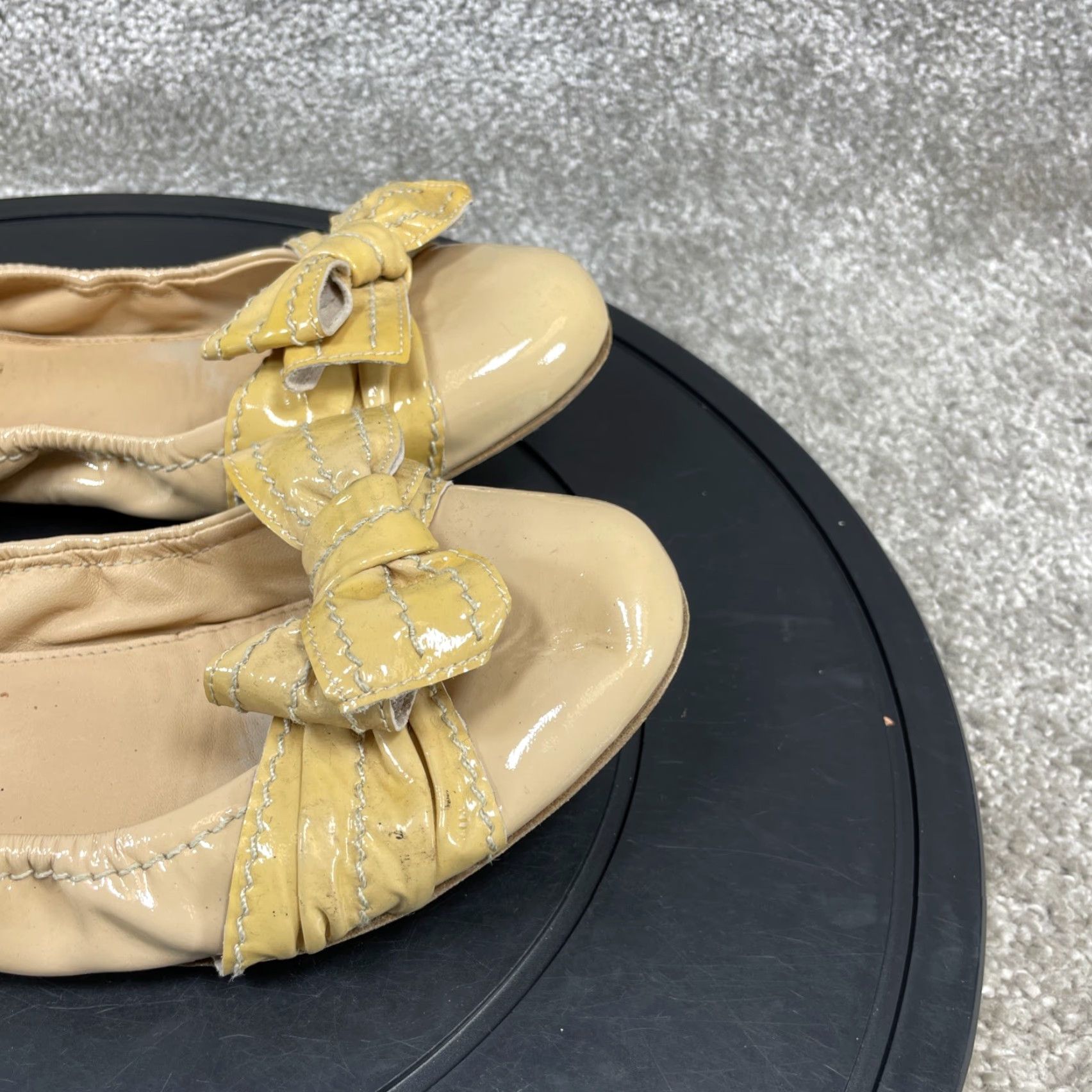 VINTAGE Parlanti Women's Flats Size 38 EU 7.5 US Beige Patent Leather Bow Slip On Casual Dress Shoes