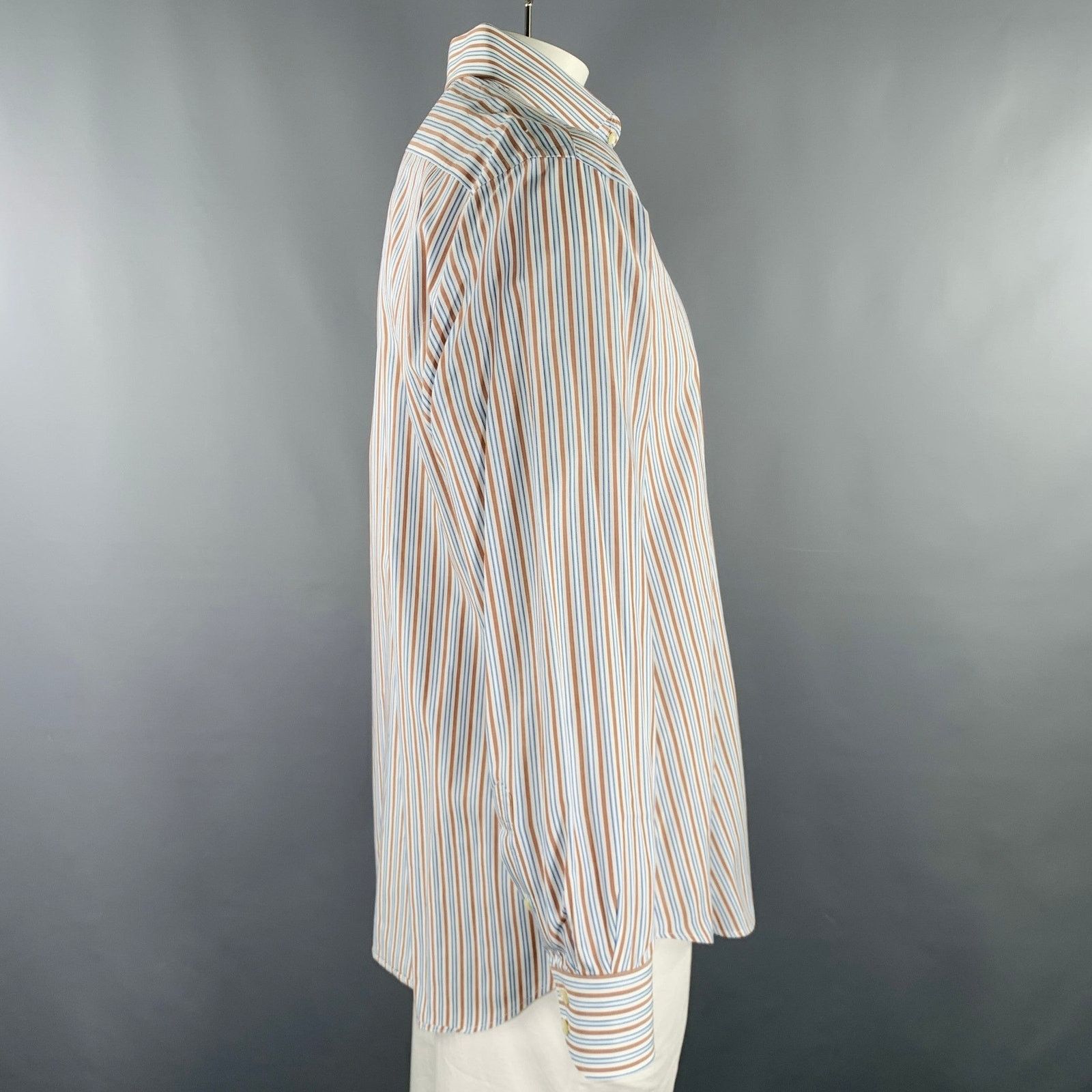 Thomas Dean White Blue Brown Stripe Cotton Oversized Long Sleeve Shirt Size US L / EU 52-54 / 3 - 3 Thumbnail