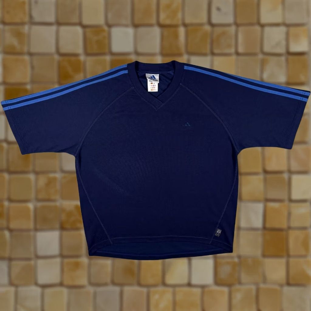 Vintage Adidas T-Shirt Navy Blue V-Neck Three Stripe Mini Logo Short Sleeve Large Mens, Men's