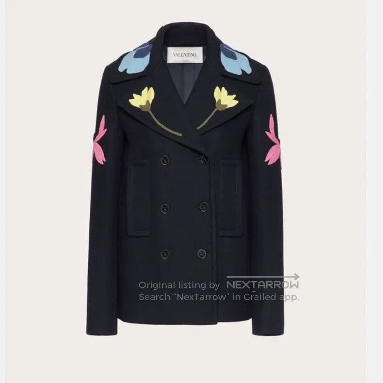 Valentino Valentino Little black chrysanthemum embroidered wool coat Size L / US 10 / IT 46 - 1 Thumbnail