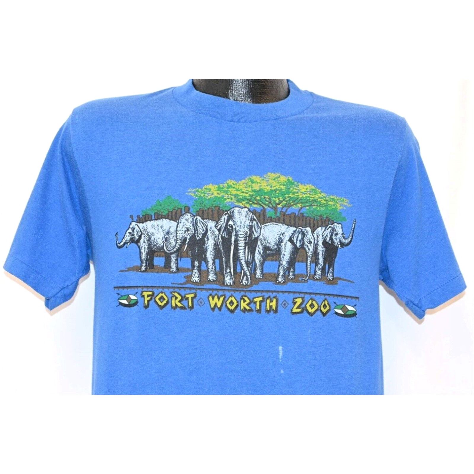 image of Vintage 80's Fort Worth Zoo Texas Elephants Wildlife Blue T-Shirt Small S in White, Men's