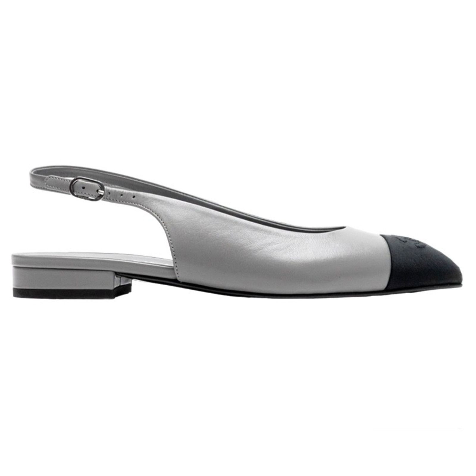 Chanel Chanel 24A Gray Leather Black CC Logo Slingback Flat 36c Size US 5 / IT 35 - 1 Thumbnail
