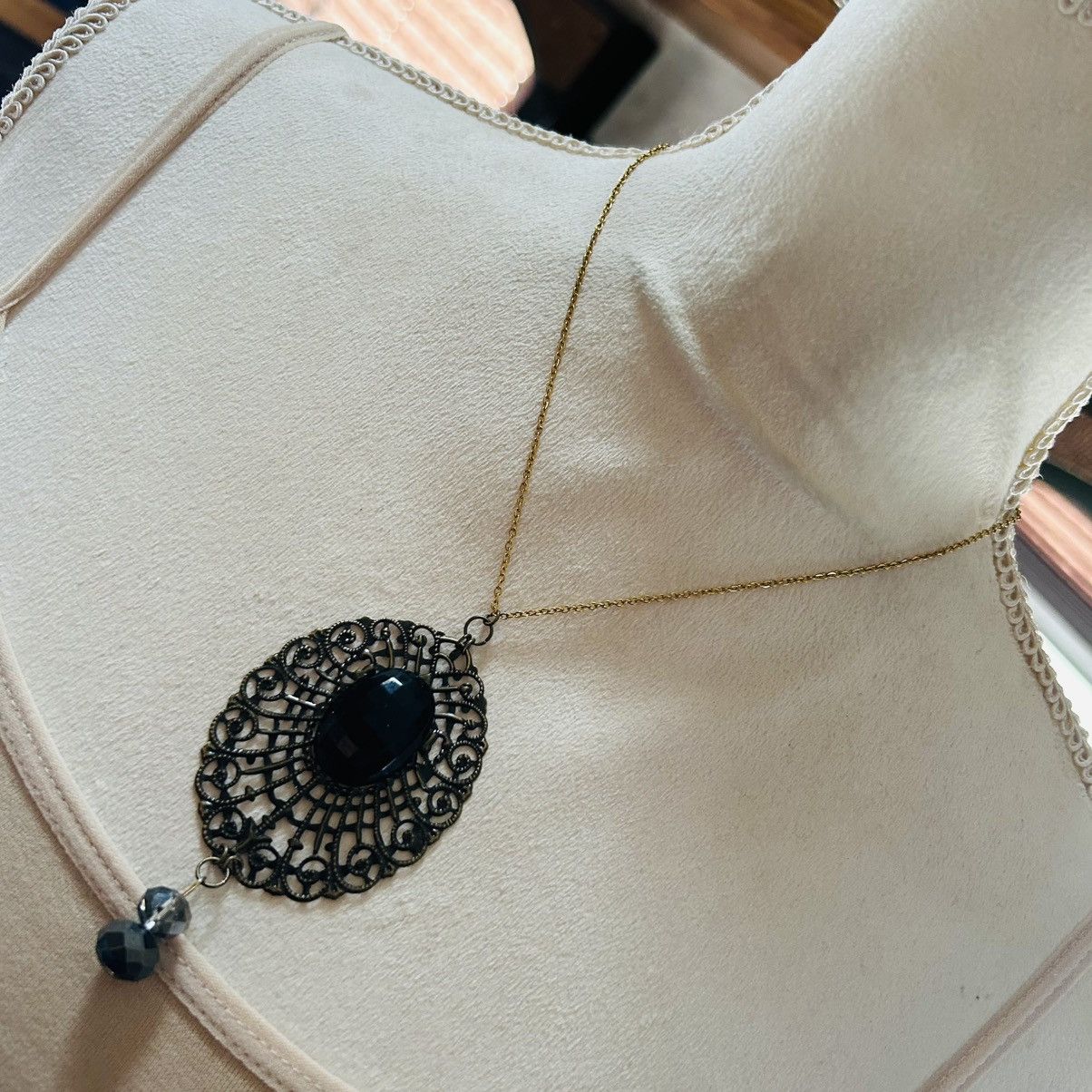 Handmade Handcrafted brass filigree faceted dome black glass necklace Size ONE SIZE - 1 Thumbnail