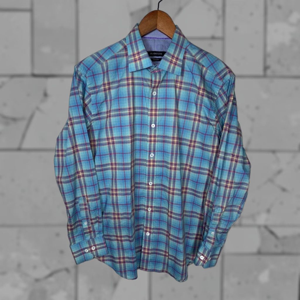 BUGATCHI Bugatchi Plaid Shaped Fit Button Down Mens Dress Shirt Blue Multi Color M Size 40R - 1 Thumbnail