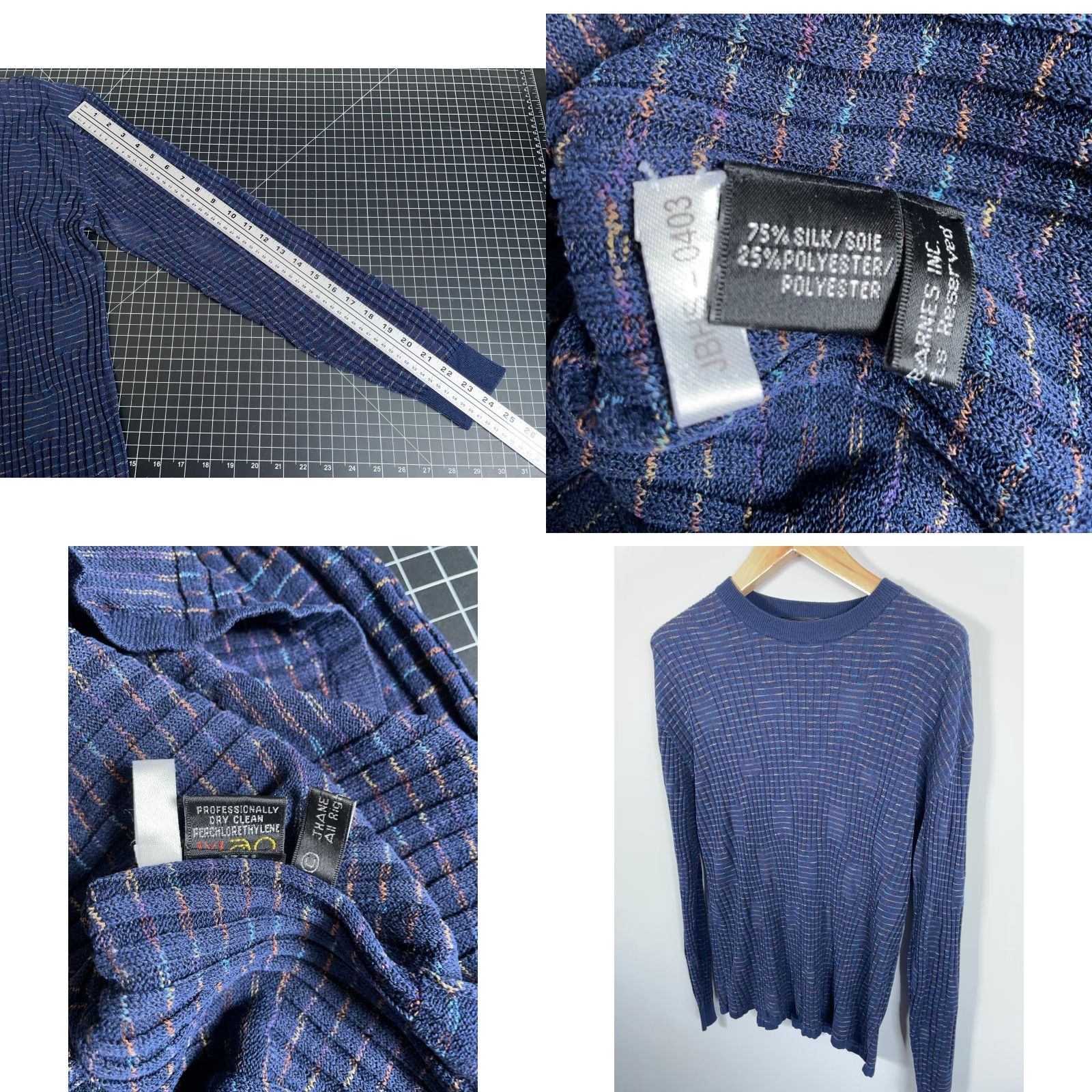 Vintage Jhane Barnes Silk Sweater Men's Large Blue Textured Check Lightweight Crewneck Pullover Knit Casual Long Sleeve Dry Clean Only Mens L Blue Silk-Blend Size US L / EU 52-54 / 3 - 8 Thumbnail
