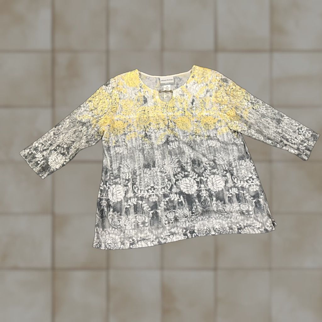 Vintage Alfred Dunner Blouse Womens Petite Medium Gray Yellow Floral Long Sleeve Stretch Shirt Size M / US 6-8 / IT 42-44 - 1 Thumbnail