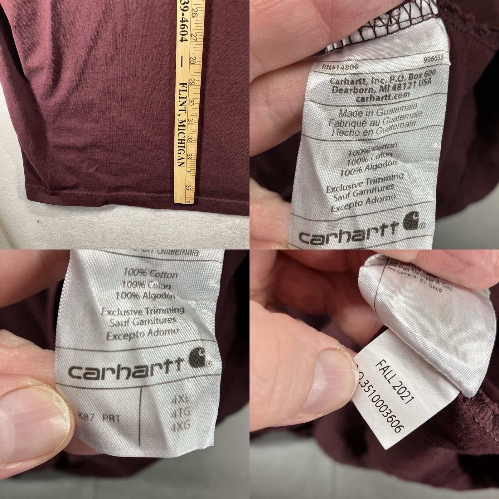Carhartt Carhartt T-Shirt Mens 4XL Short Sleeve Port Wine Pocket Heavy Cotton Crew Neck Solid Red Relaxed All Seasons Size US XXL / EU 58 / 5 - 9 Thumbnail