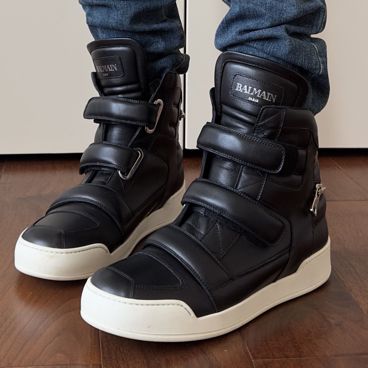 Balmain Black Leather Velcro Strap High-Top Sneakers