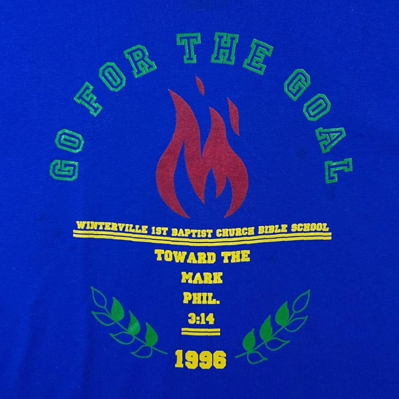 Vintage Vintage Go For The Goal (1996) Oneita T-Shirt Medium Blue Graphic Print Mens Short Sleeve Round Neck United States 1996 Bible School Size US M / EU 48-50 / 2 - 5 Thumbnail