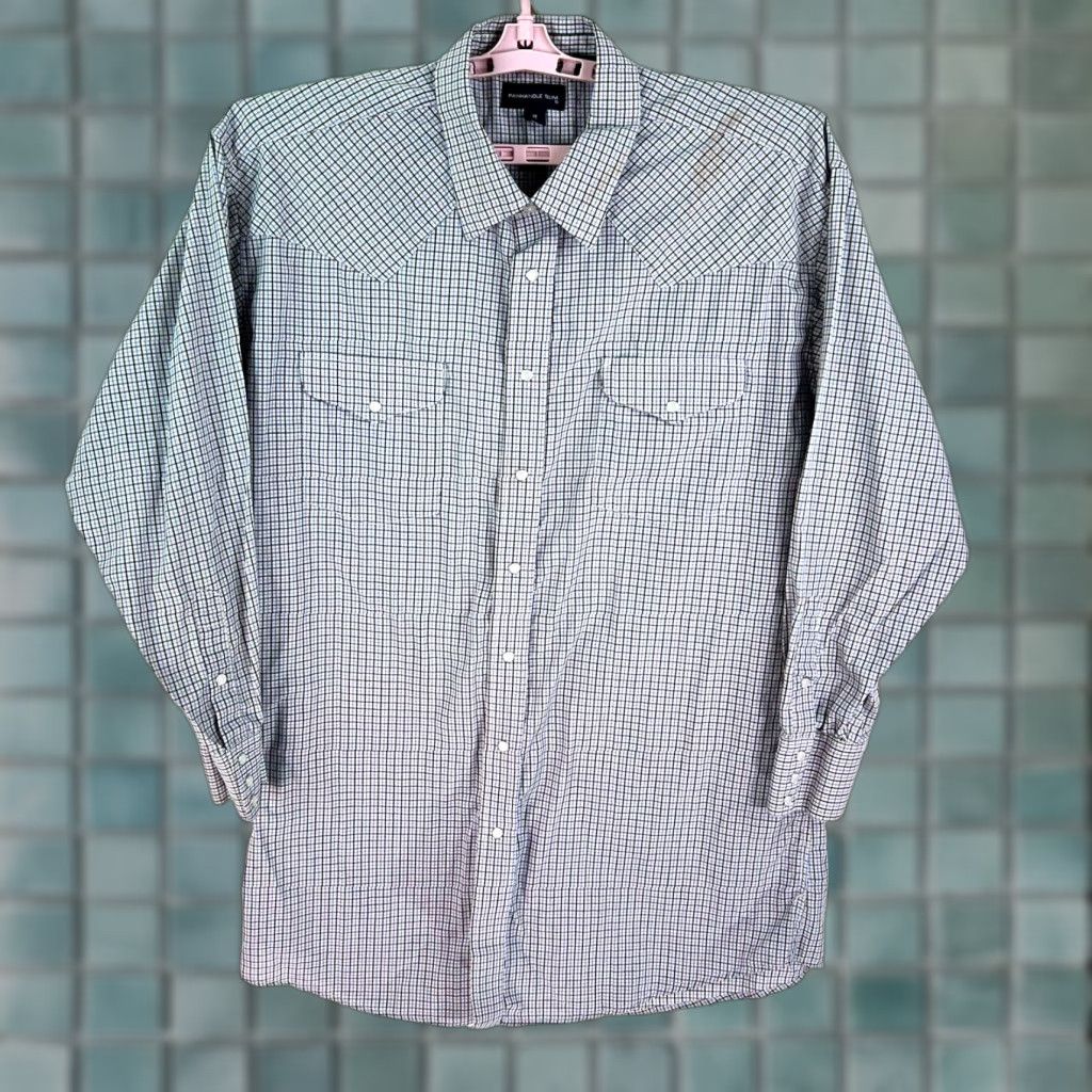 Vintage Panhandle Slim Button-Up Shirt Mens Regular Blue Check Long Sleeve Slimming Casual Western 54 Chest 34 Length 18 35 Dist Size US XXL / EU 58 / 5 - 1 Thumbnail