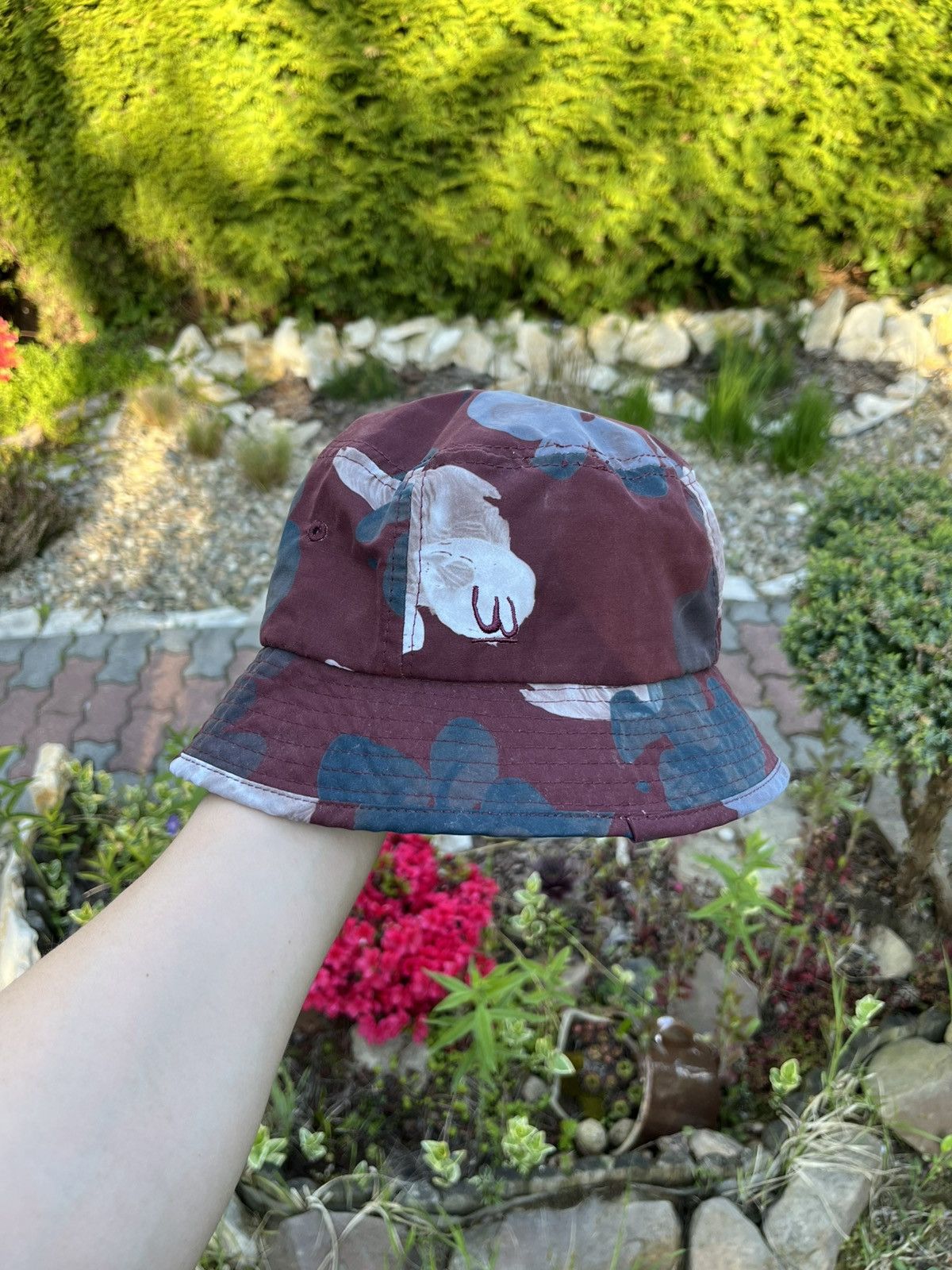 Designer × Wood Wood Wood Wood patterned bucket hat camo burgundy grey black Size ONE SIZE - 1 Thumbnail