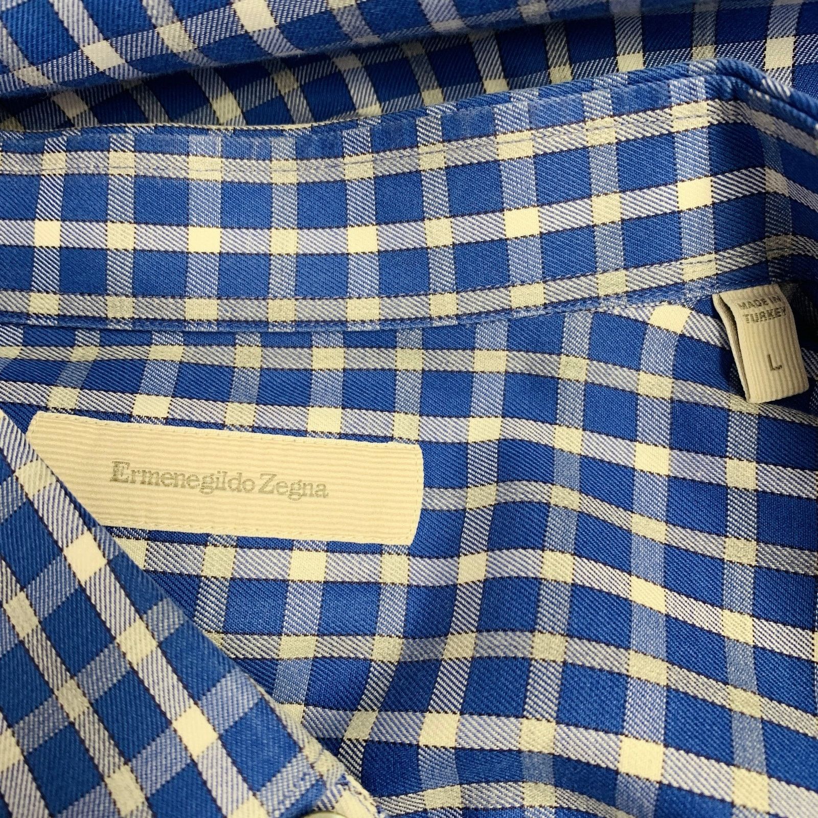 Ermenegildo Zegna ERMENEGILDO ZEGNA Blue White Checkered Cotton Long Sleeve Size US L / EU 52-54 / 3 - 5 Thumbnail