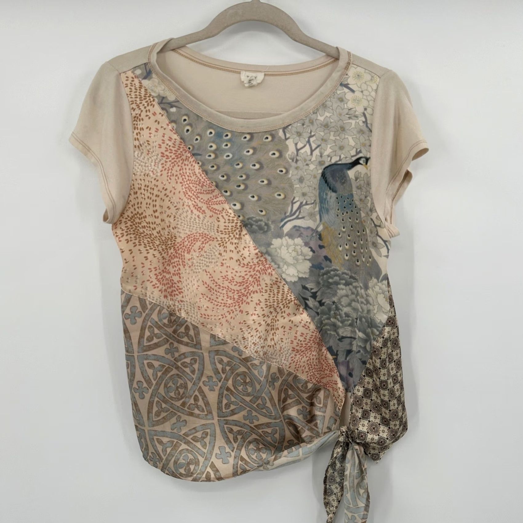 Vintage TINY Peacock Floral Patchwork Tie Front T Shirt Womens Size Small Size S / US 4 / IT 40 - 2 Thumbnail