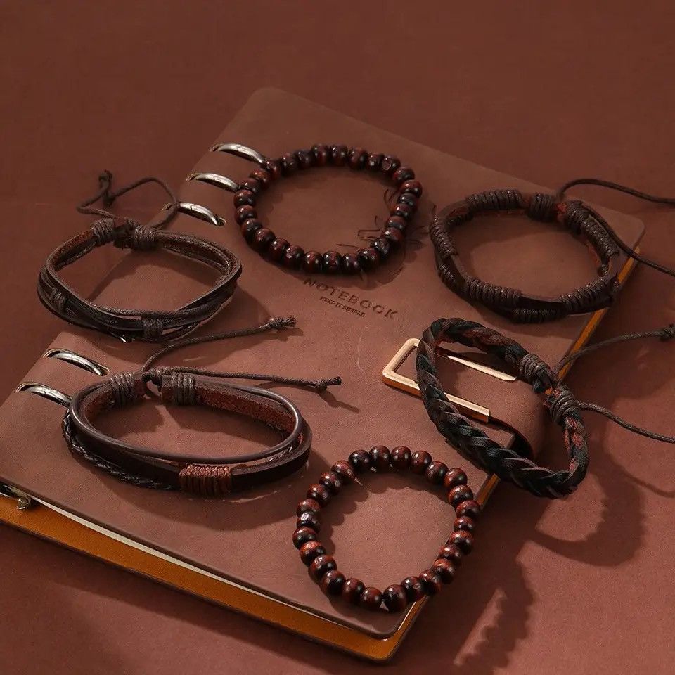 Other 6PCS Set Men's Vintage Braided Cowhide Bracelet Multi-layer Size ONE SIZE - 3 Thumbnail