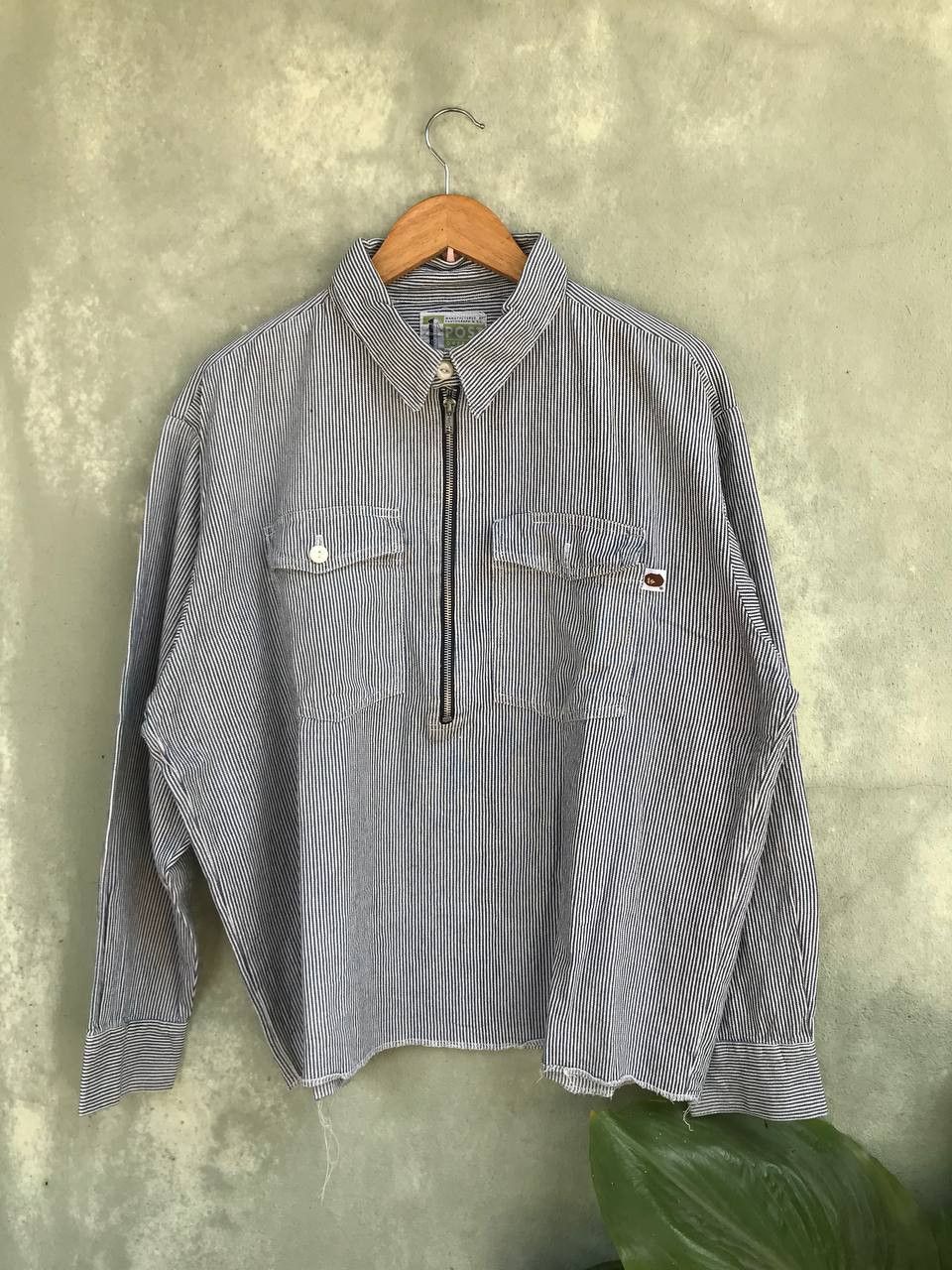 image of Bape x Post Overalls Hickory Stripe Pullover Shirt in White, Men's (Size Large)