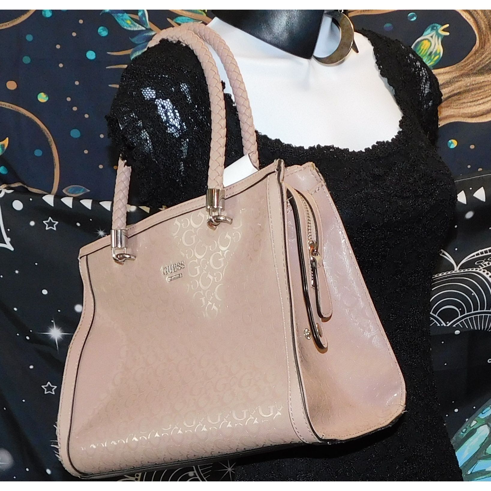 Guess Guess Pink Beige Monogram Handbag With Braided Handles Size ONE SIZE - 2 Thumbnail