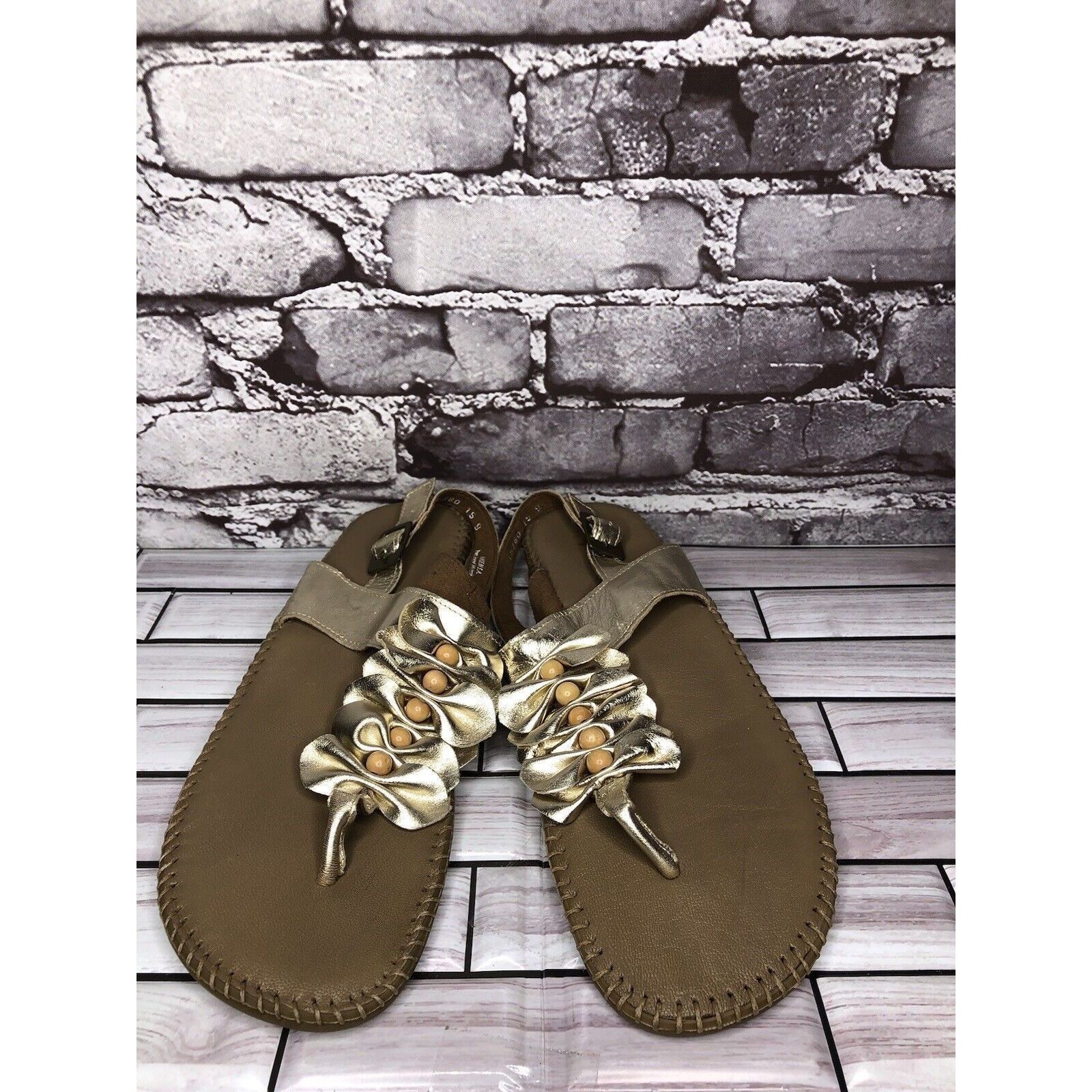 LITTLE AFRICA Soul of Africa Brown Leather Flower Ruffle Slingback Sandals Size US 11 / IT 41 - 14 Thumbnail