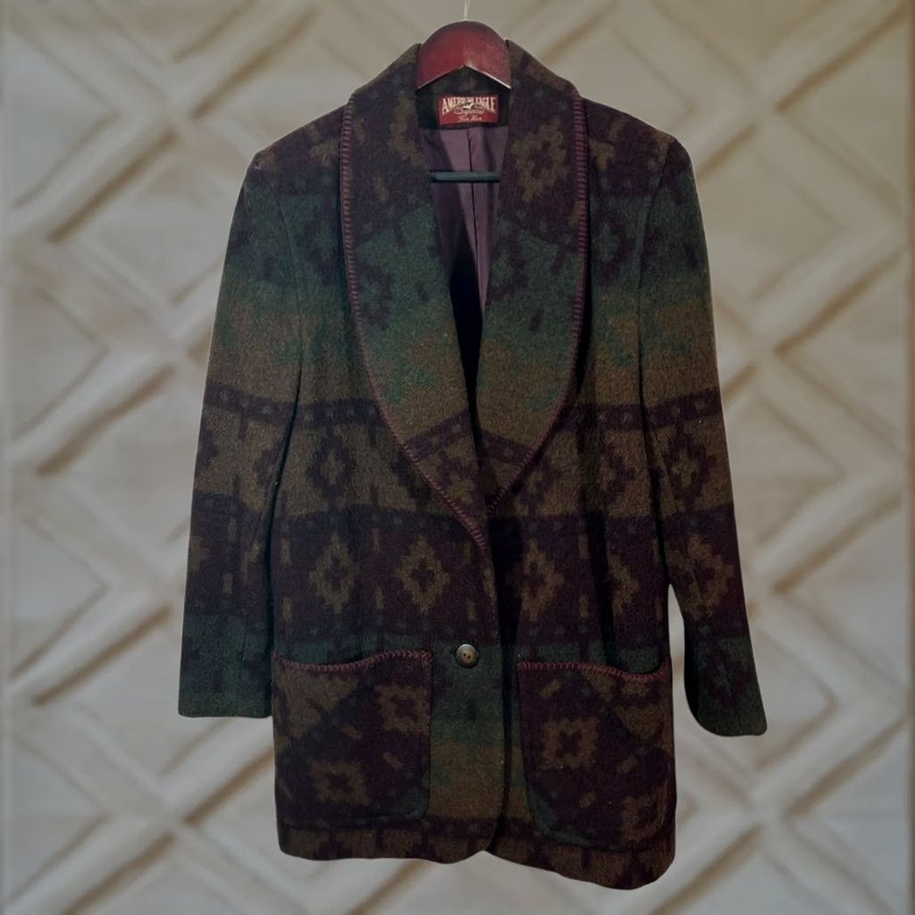 American Eagle Outfitters VINTAGE American Eagle Outfitters For Her Wool Coat Jacket Womens M Brown Southwestern Aztec Pattern Pea Coat Shawl Collar 70s 80s Womens Medium Mens? Size M / US 6-8 / IT 42-44 - 1 Thumbnail