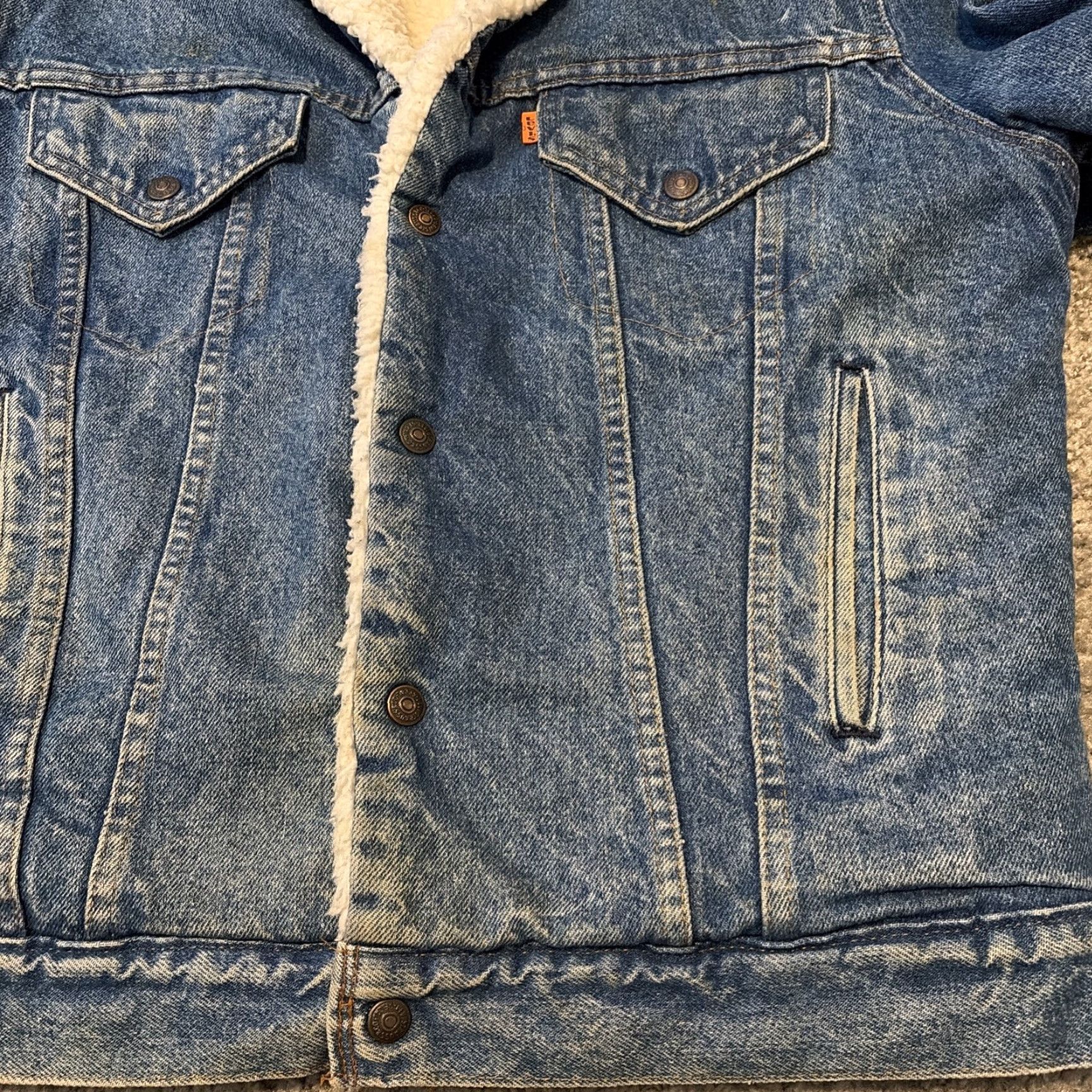 Levi's VINTAGE Levi's Orange Tab Denim Jean Sherpa Jacket L Large Mens 70s Bomber Orange Denim Jacket Size US 33 - 5 Thumbnail