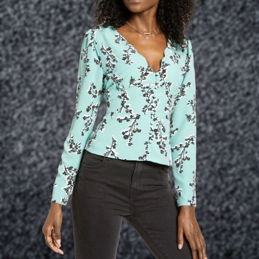 Leith Blouse Women M Green Floral V-Neck Long Sleeve Button Front