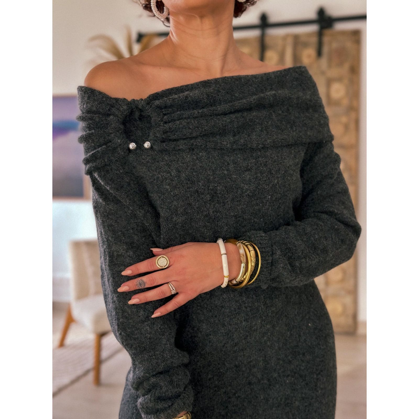 Zara ZARA Gray Off-Shoulder Knit Midi Dress NWT Size M / US 6-8 / IT 42-44 - 17 Thumbnail