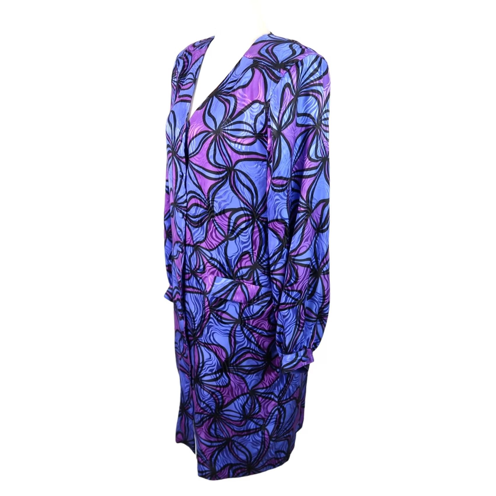 Adrianna Papell VINTAGE Adrianna Papell Silk Midi Dress 80s Blue Purple Floral Swirl Print 10 Womens Size L / US 10 / IT 46 - 3 Thumbnail