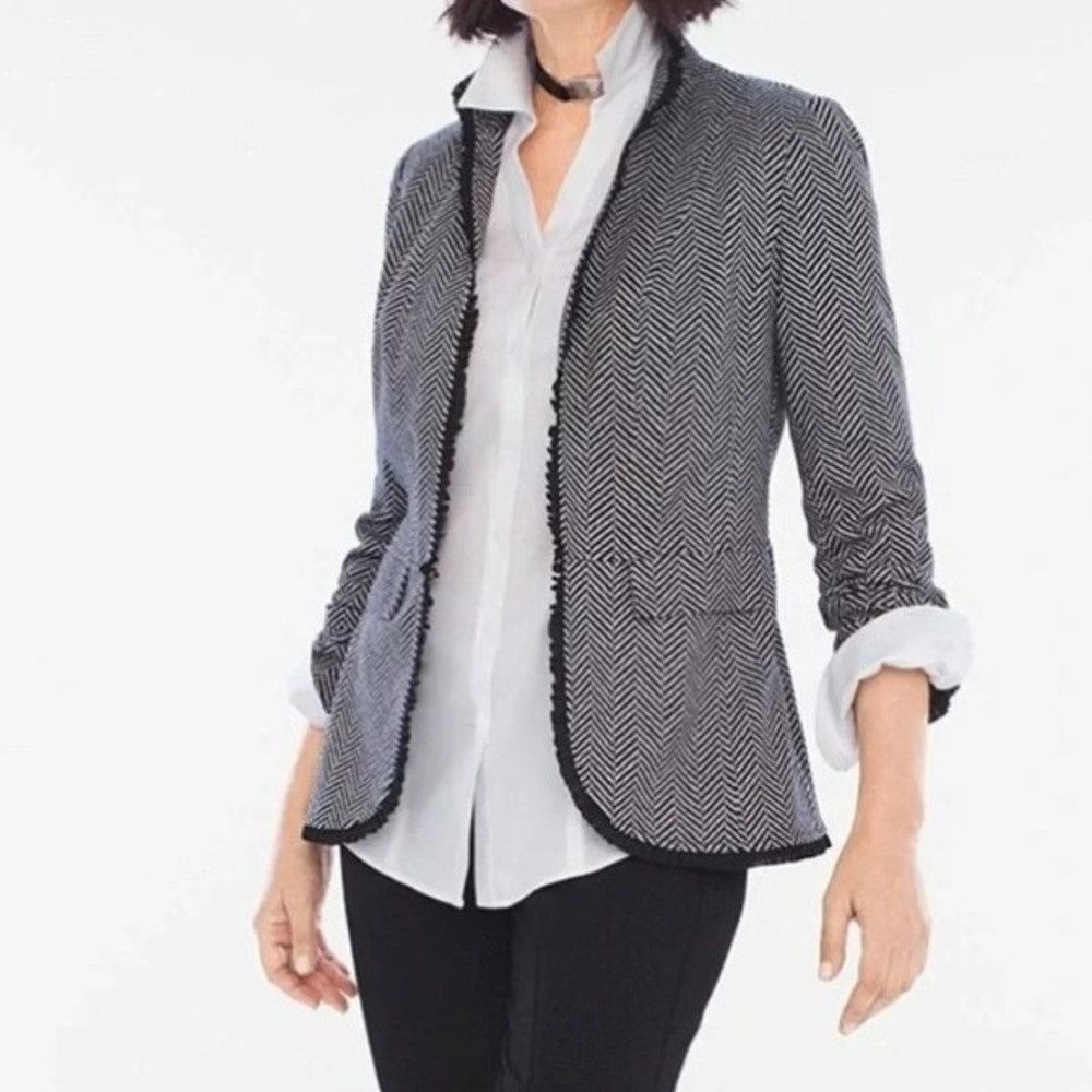 Chicos New Chico’s Chevron Blazer Jacket With Black Ruffle Trim Si Size M / US 6-8 / IT 42-44 - 1 Thumbnail