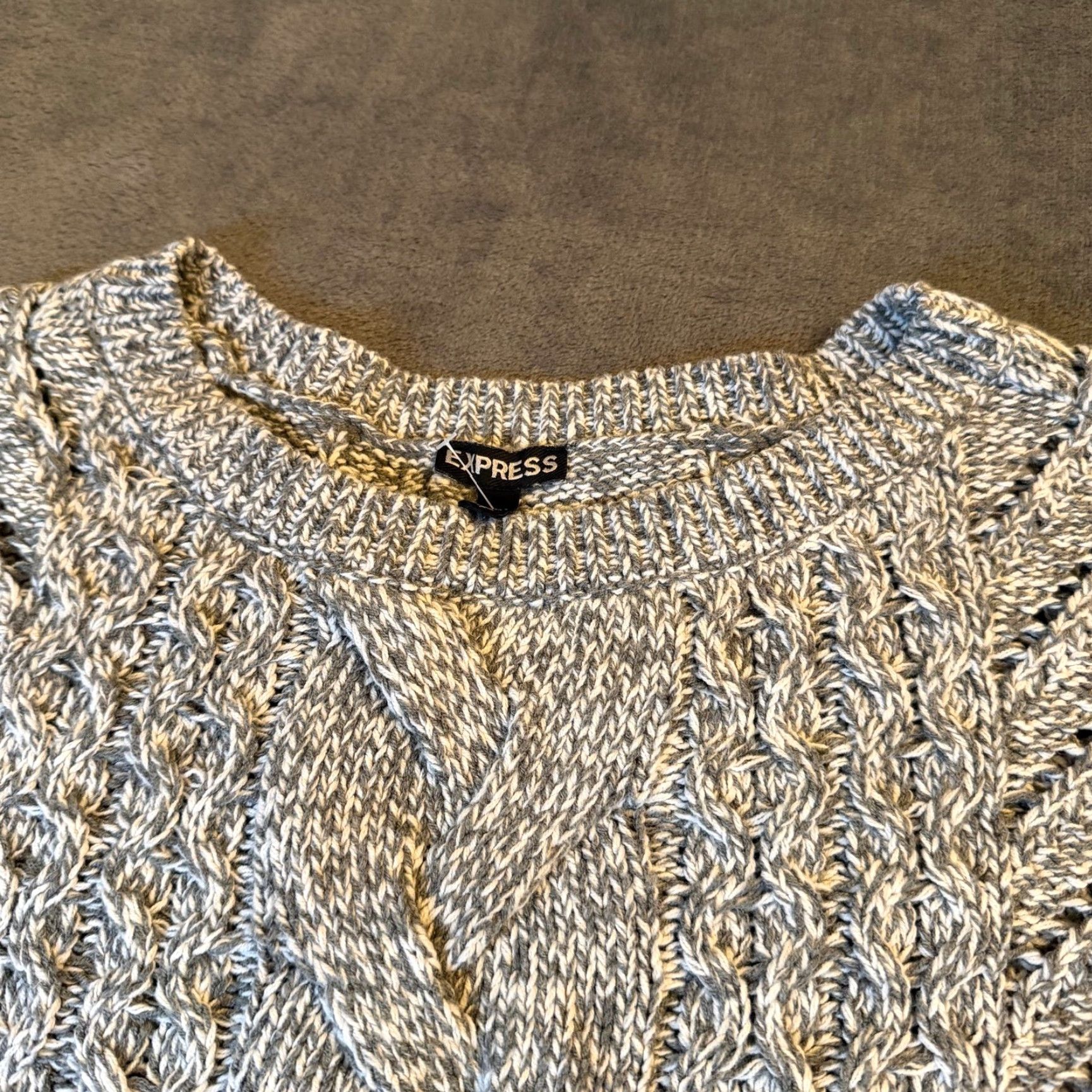 Express Express Sweater Women Small Gray V-Neck Long Sleeve Cable Knit Marled Open Knit Pullover Casual Womens Size S / US 4 / IT 40 - 2 Thumbnail