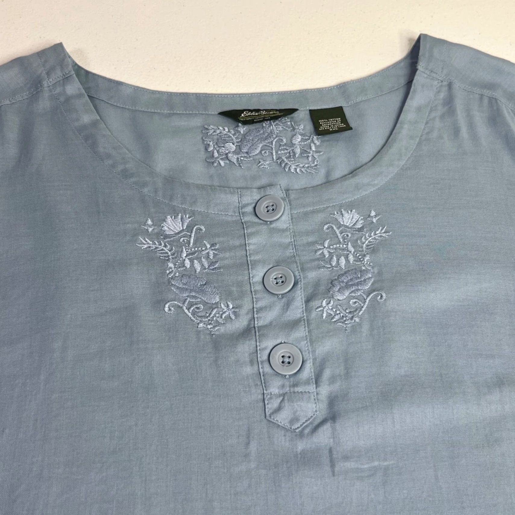 Eddie Bauer Eddie Bauer Women's Blouse Tunic 3/4 Sleeve Floral Embroidered Blue 100% Cotton XXL/2XL Casual Travel Workwear Size XXL / US 16-18 / IT 52-54 - 3 Thumbnail