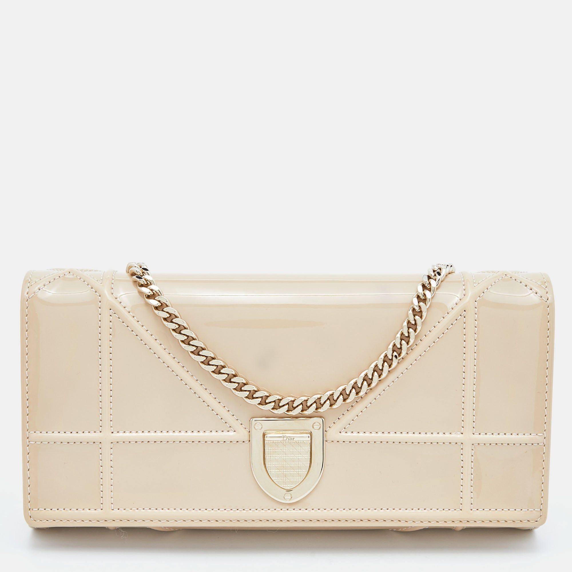 image of Dior Beige Patent Leather Ama Wallet On Chain in Black, Women's