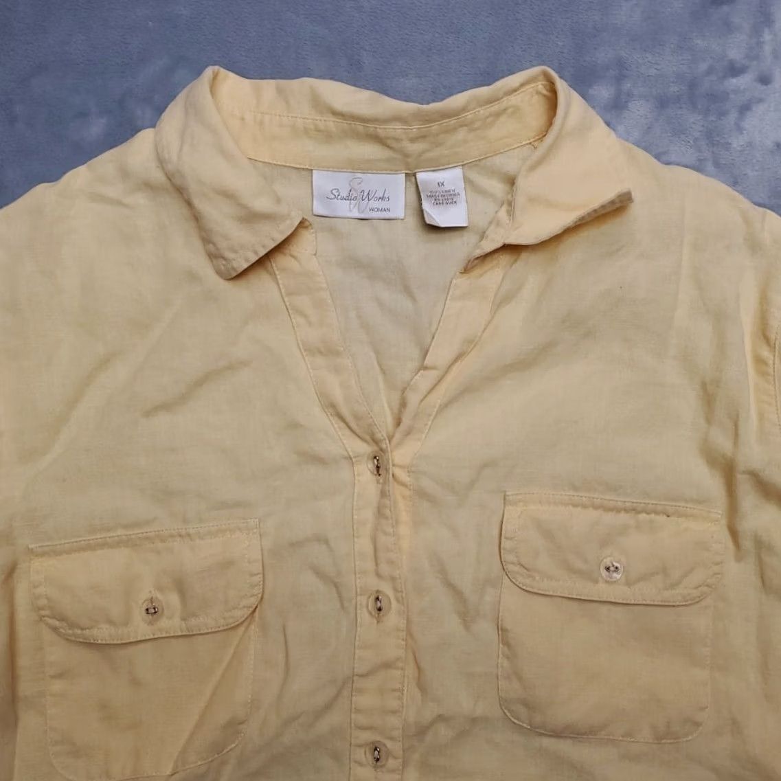 Vintage Studio Works Shirt Womens 1X Pastel Yellow 100% Linen Minimalist Coastal Boho Shirt Ladies 1X Yellow Linen Casual Classic Mens Womens Girls Size XL / US 12-14 / IT 48-50 - 3 Thumbnail
