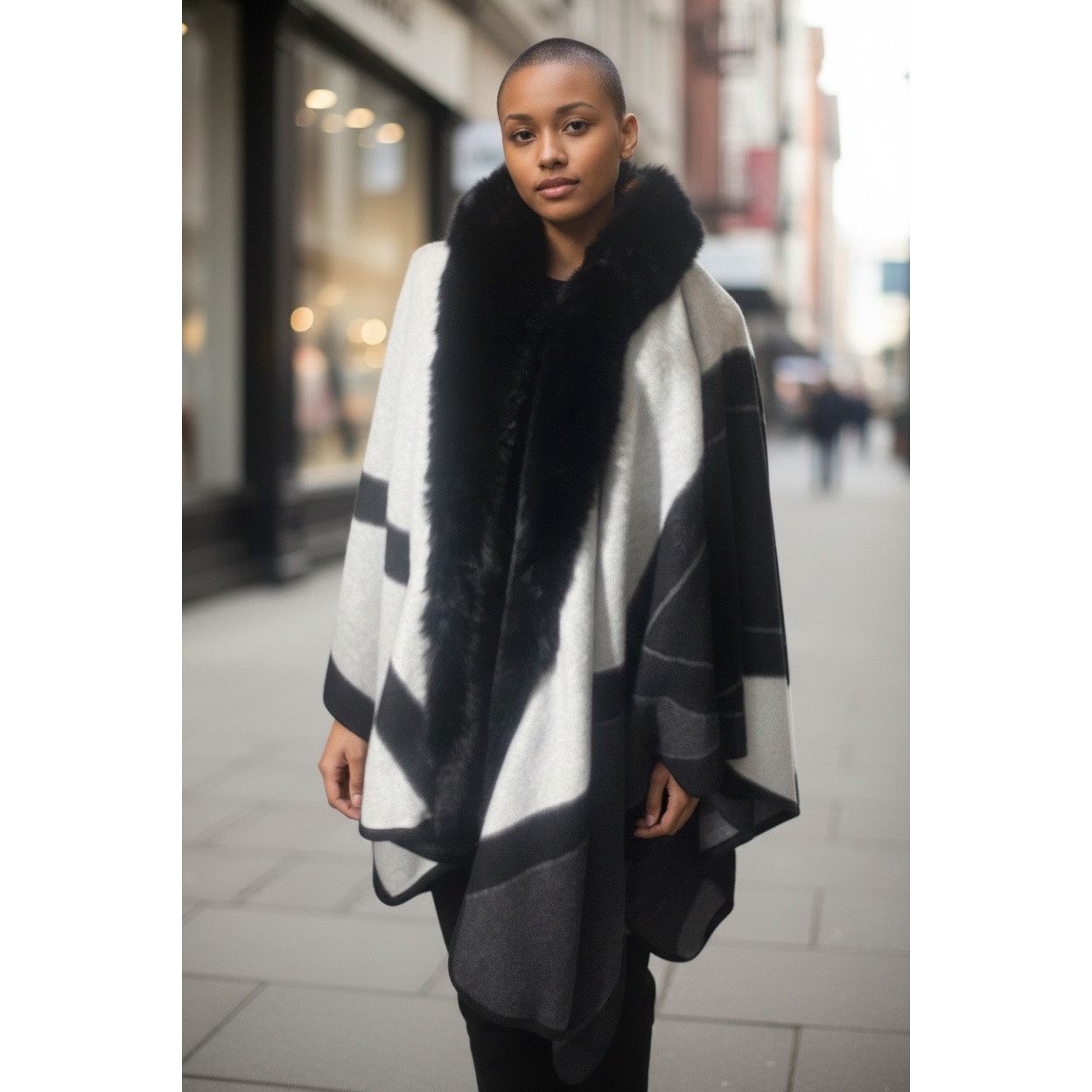 Other Coco + Carmen Fur Trim White Black & Gray Poncho Wrap Size ONE SIZE - 3 Thumbnail