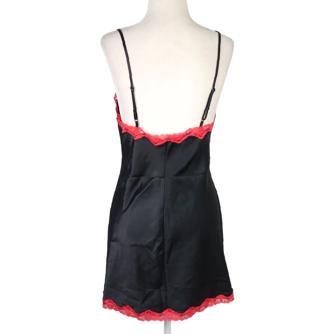VINTAGE Victoria\'s Secret slip Dress Women\'s M Black Satin Red Lace Mini