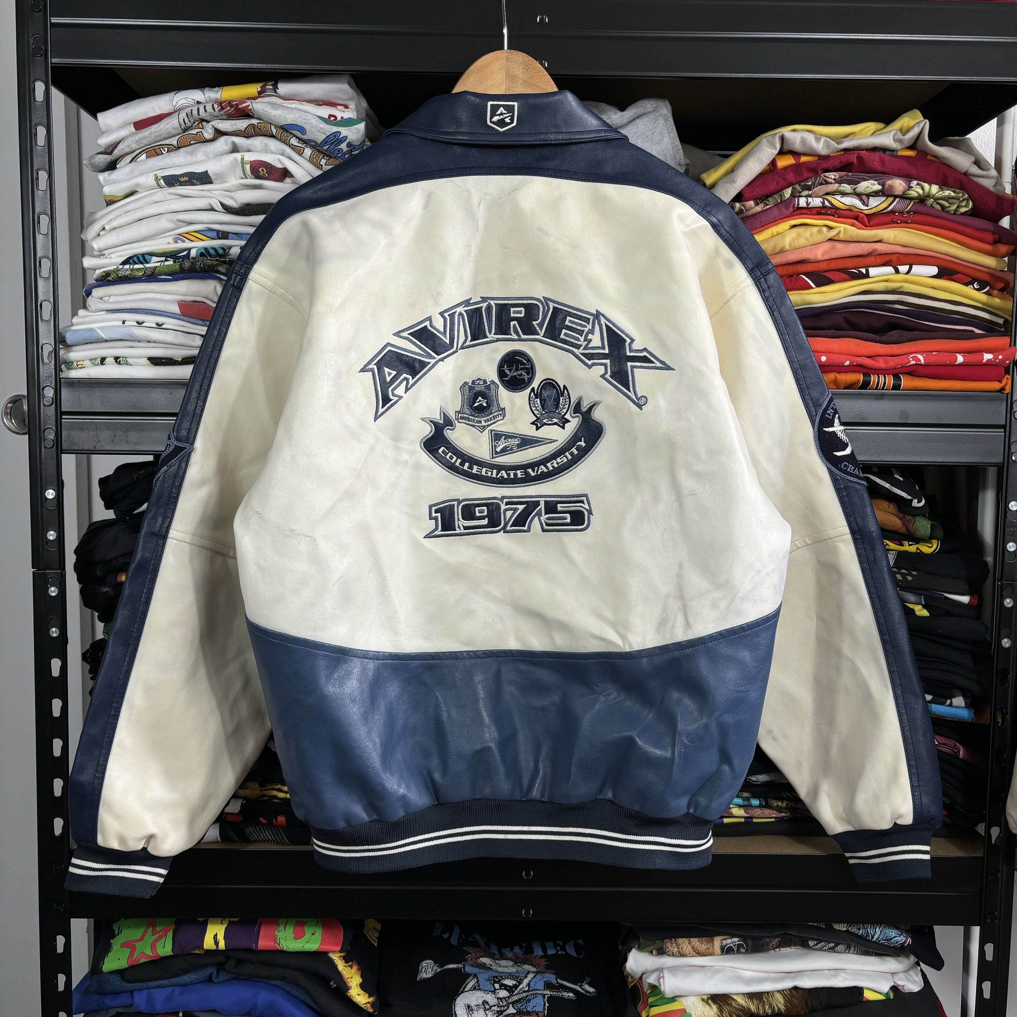 image of Vintage Avirex Leather Varsity Jacket Blue Y2K Boxy, Men's (Size XL)