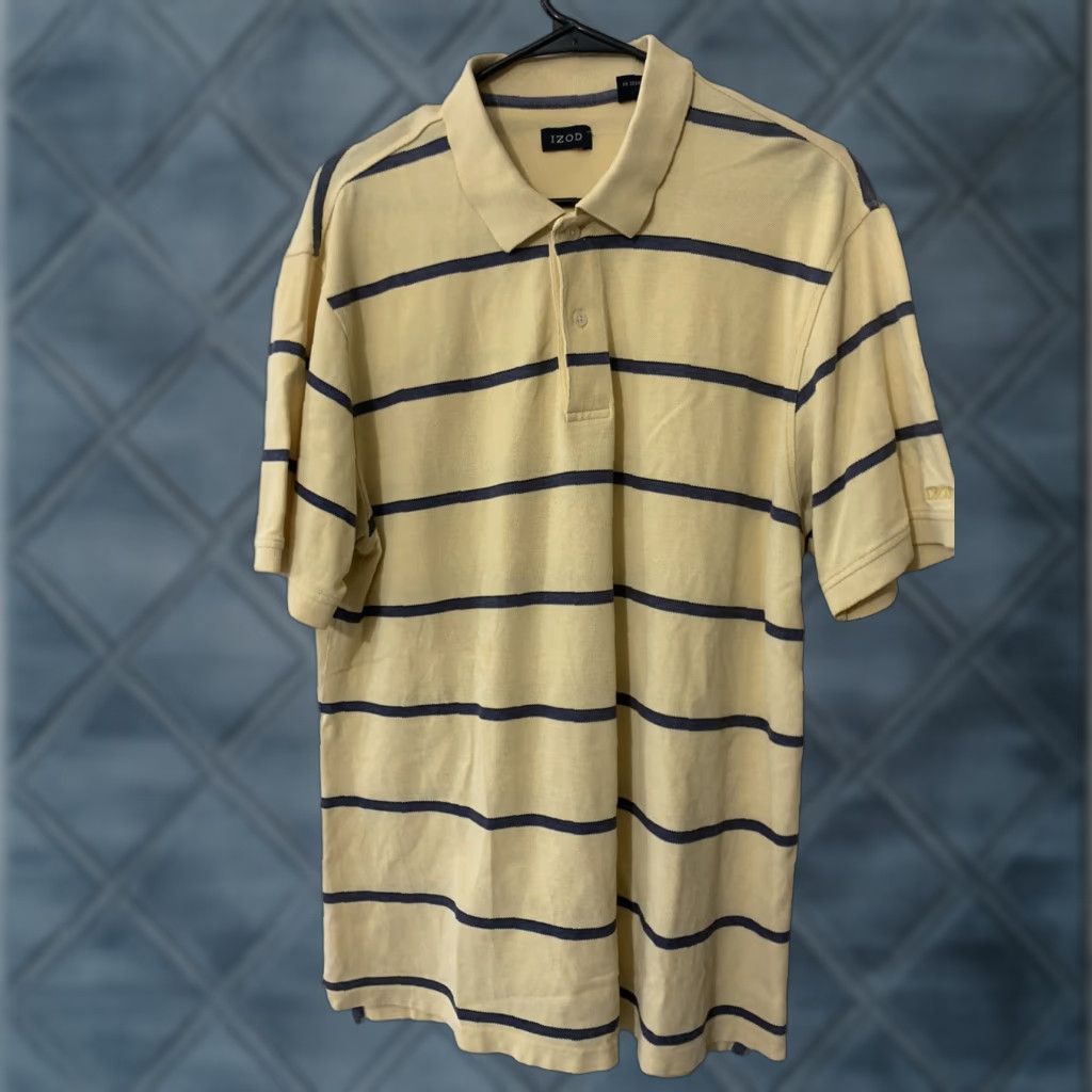 Izod IZOD Polo Shirt Men's Large Yellow/Navy Stripe Polo Shirt L Yellow Navy Striped Logo Golf Shirt Mens Size US L / EU 52-54 / 3 - 1 Thumbnail