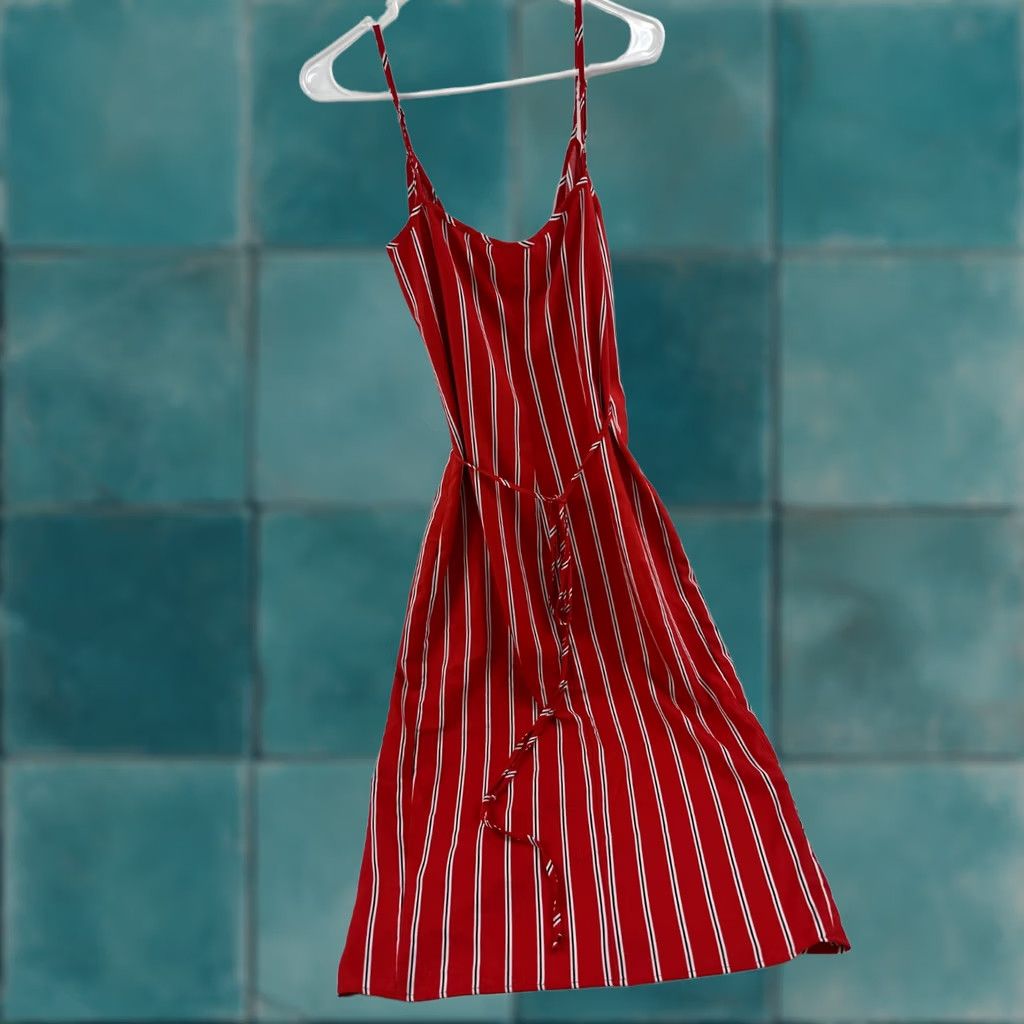 Vintage Wayf Dress Womens S Red White Striped Tie Back Spaghetti Strap Wrap V Neck Casual Size S / US 4 / IT 40 - 1 Thumbnail