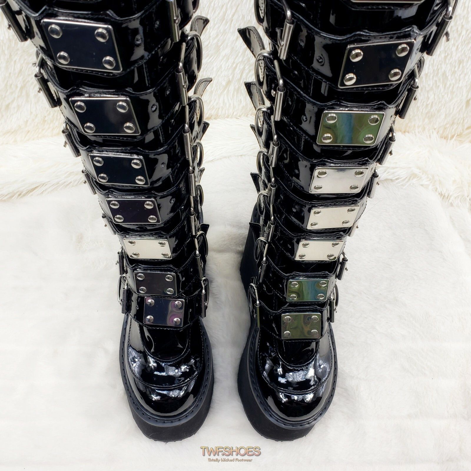 Demonia Cult DEMONIA Swing 815 Black Patent Goth Punk Rave Knee Boot 5.5" Size US 8 / IT 38 - 7 Thumbnail