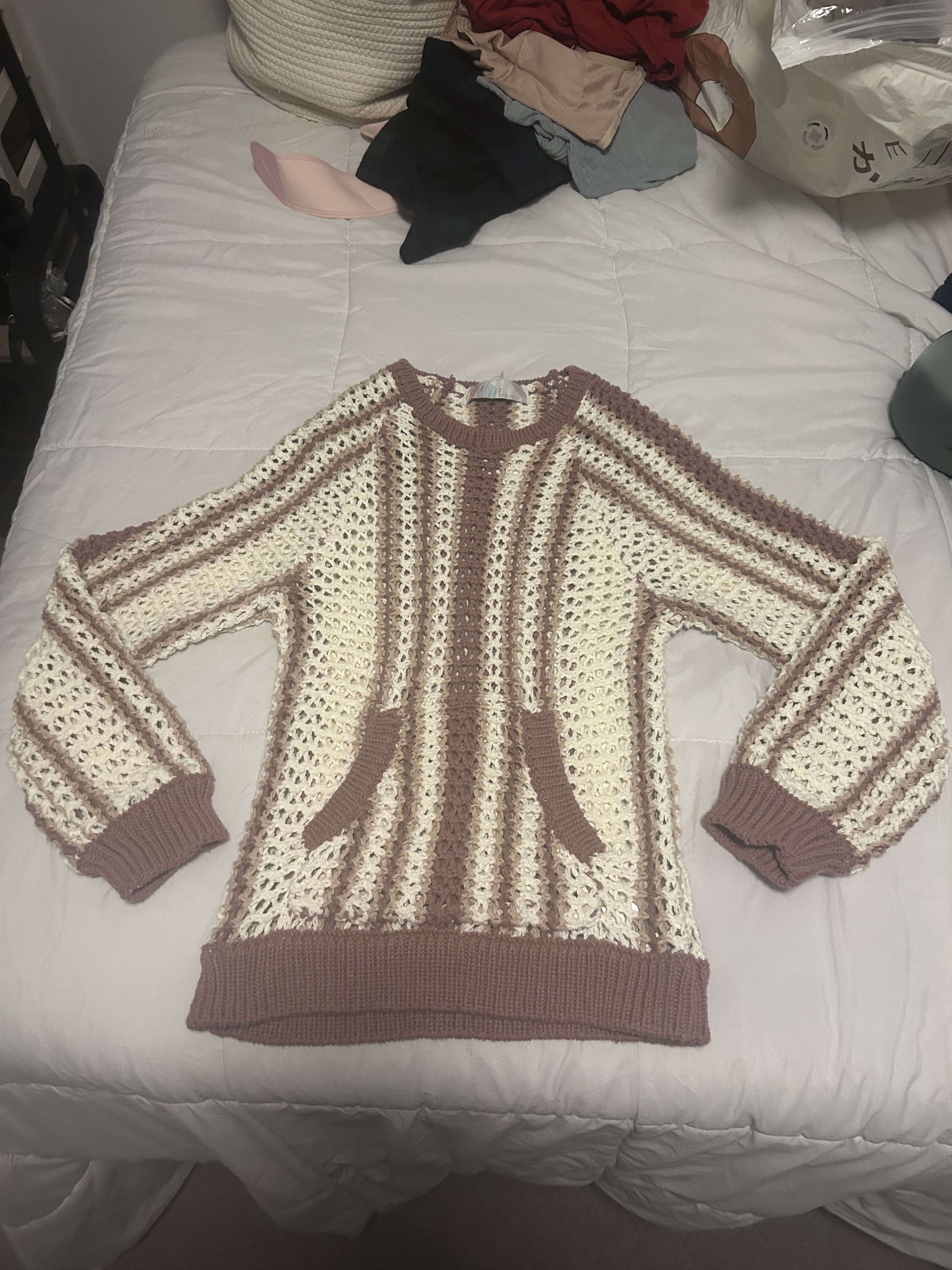 Free People Dayton Sweater Pullover Crochet Knit Beach Purple Cream Size S / US 4 / IT 40 - 1 Thumbnail