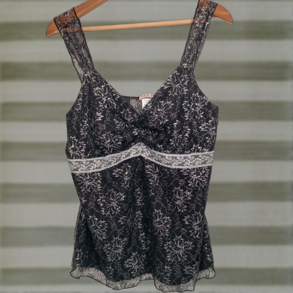 Vintage VINTAGE MKM Designs Lace Cami Tank Top XL Black Floral Silver Metallic USA Camisole Women Tank Top Lace Cami Size XL / US 12-14 / IT 48-50 - 1 Thumbnail
