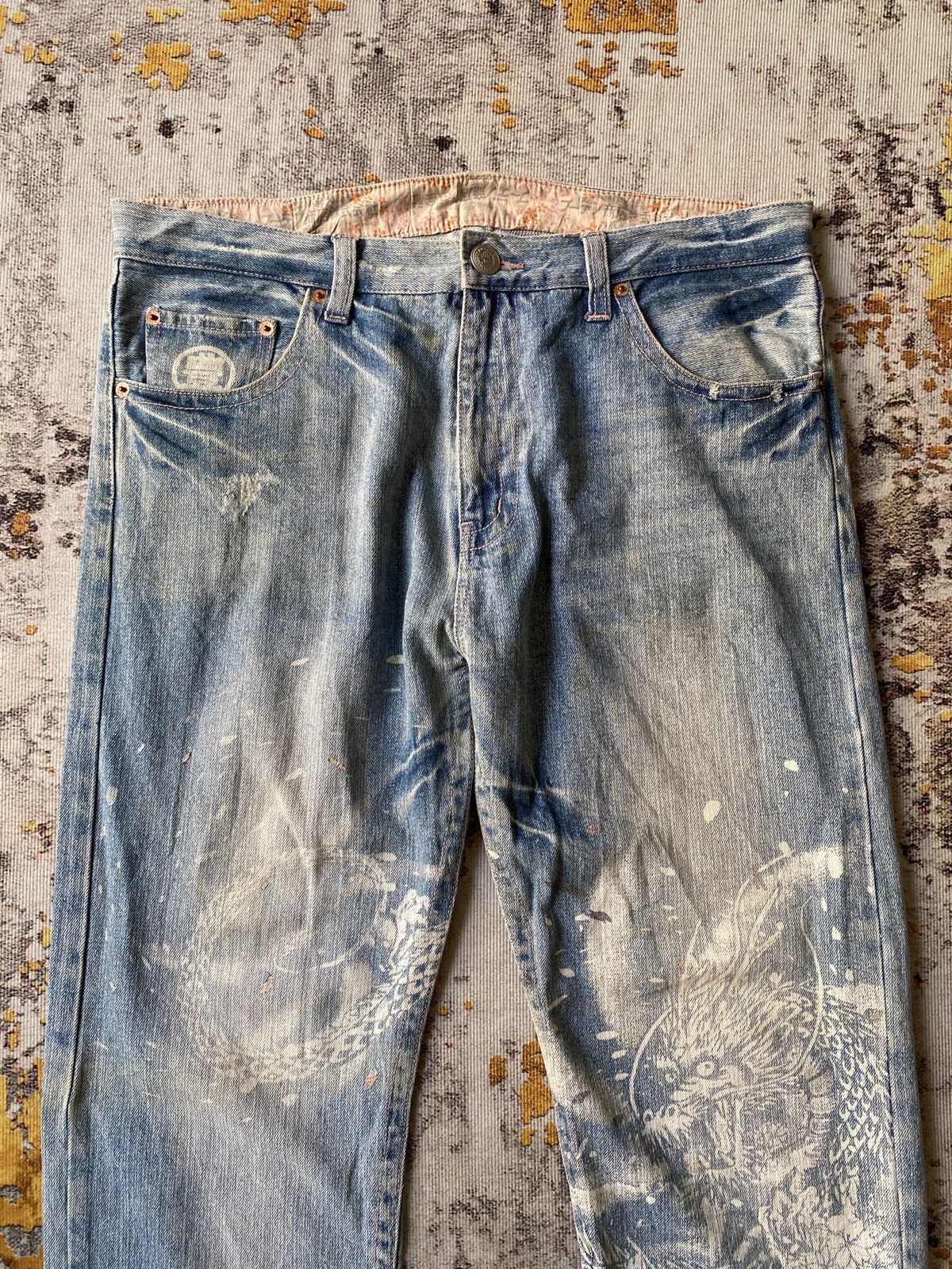 Japanese Brand Japanese Traditional Design Dragons Print Blue Faded Denim Size US 35 - 4 Thumbnail