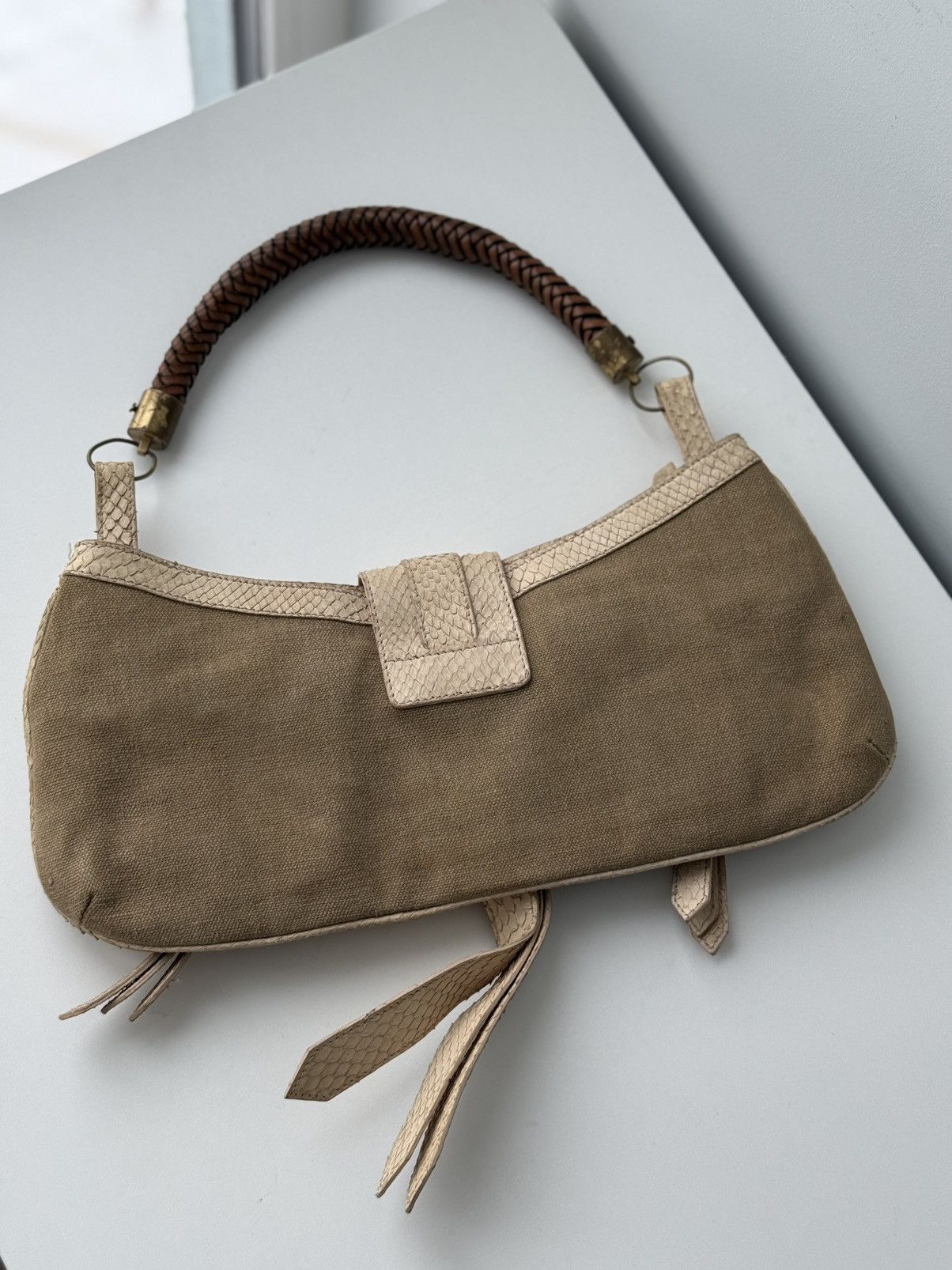 Burberry Prorsum Burberry Prorsum Python-Style Leather Canvas Shoulder Bag Size ONE SIZE - 10 Thumbnail