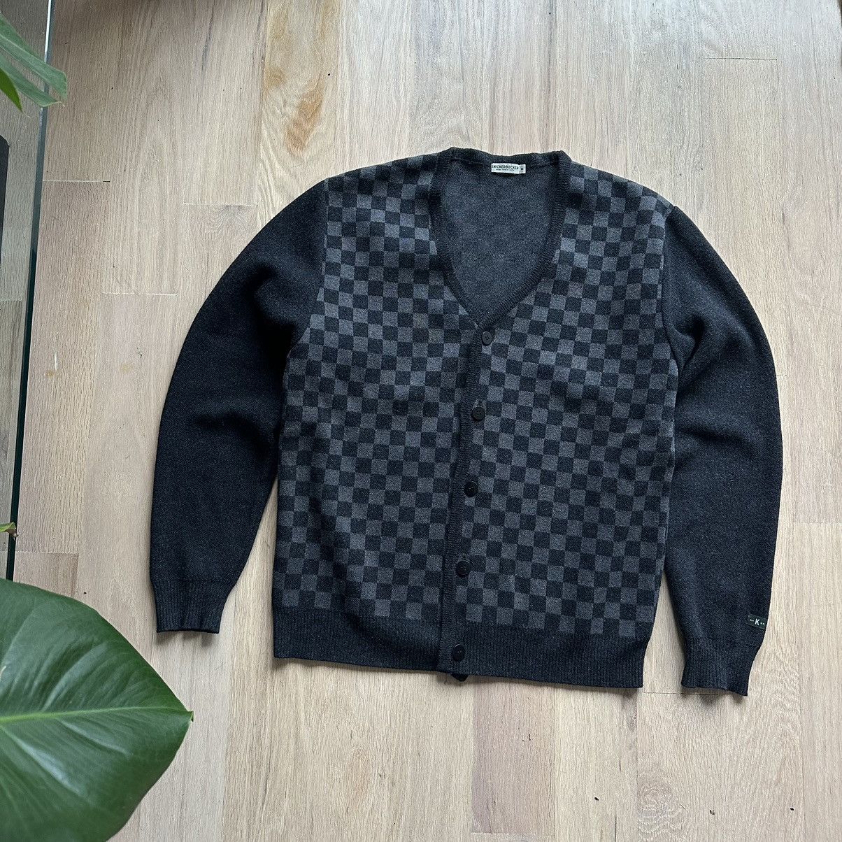image of Knickerbocker Mfg Co Black Knickerbocker Nyc Checkered Black Cardigan Sweater, Men's (Size Medium)