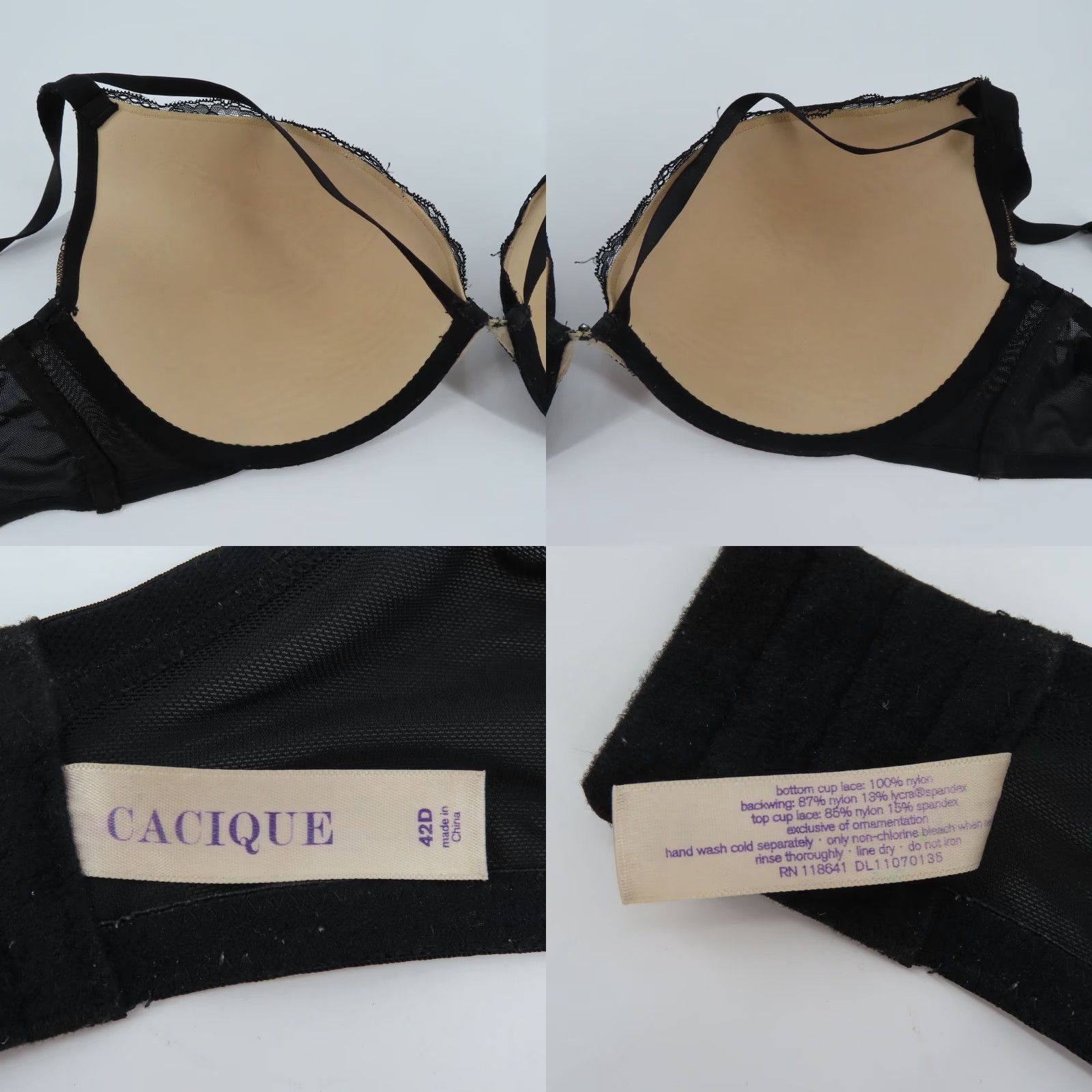 Vintage Cacique Bra 42D Black Floral Lined Underwire Plus Size 42D T-Shirt Style Women Cups D Strappy Hook & Eye/ adjustable straps Size ONE SIZE - 8 Thumbnail