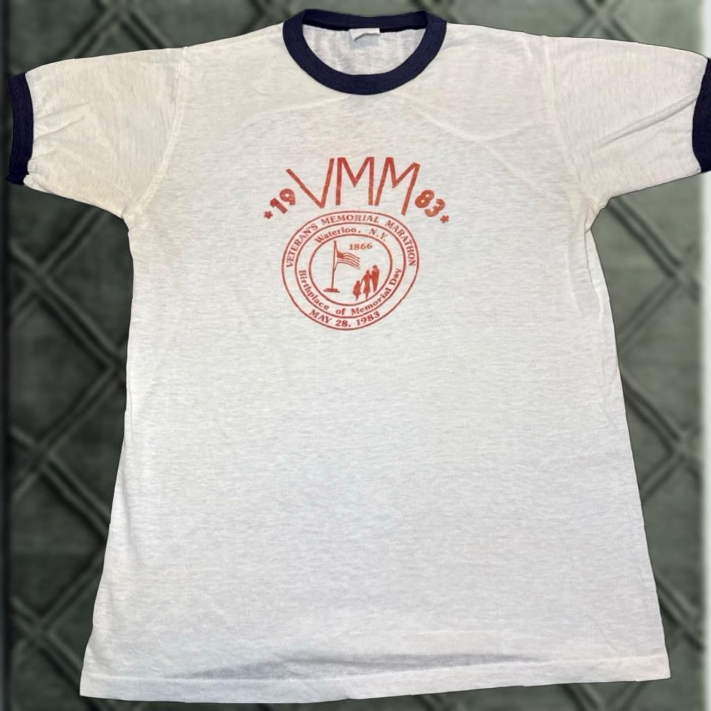 Vintage VTG ’83 Veterans Memorial Marathon Waterloo New York Runner Ringer T-Shirt Small Mens White 80s Size US S / EU 44-46 / 1 - 1 Thumbnail