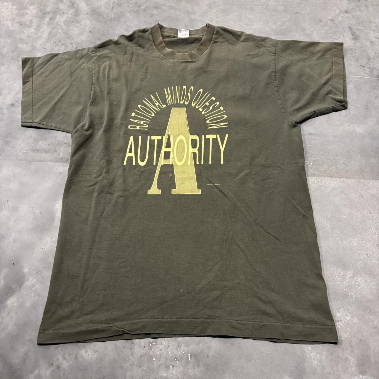 Japanese Brand × Vintage Crazy Vintage 90s Faded Khaki Green Authority Single Stitch Graphic Tee! Size US XL / EU 56 / 4 - 1 Thumbnail
